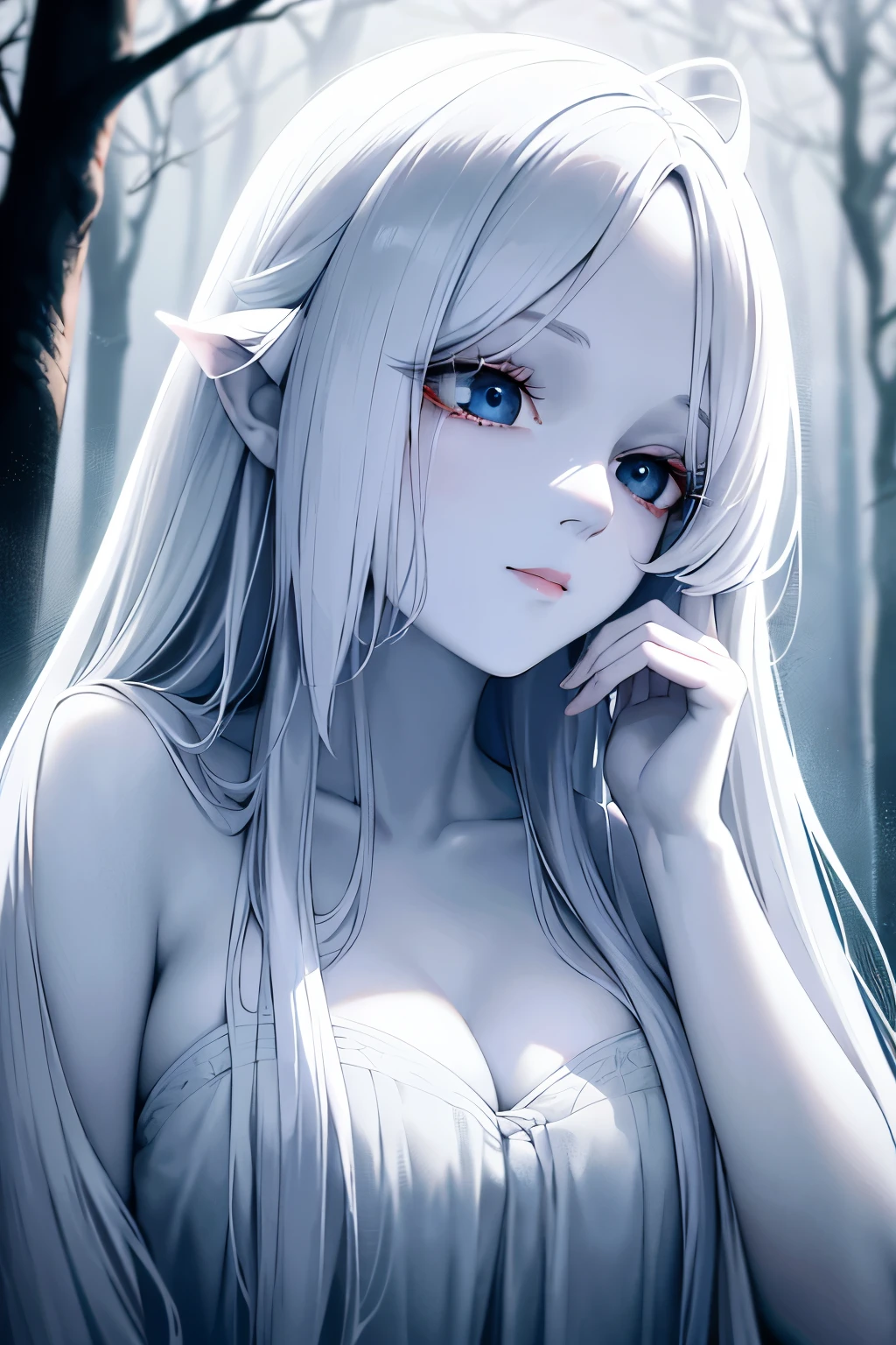 Ultra-detailed wide-area camera captures a hauntingly beautiful image of a white banshee standing in a misty, fog-filled forest ((best quality), (masterpiece)). Her ethereal figure, dressed in flowing white robes, exudes an aura of otherworldly grace (((perfect face: 1.6))), her features sharp and defined under the soft, pale light filtering through the trees. A black raven perches on her shoulder ((solo)), its beady eyes fixed intently on the scene before them ((detailed)). The intricacies of her long, flowing white hair are rendered in stunning detail, each strand woven together with the utmost care