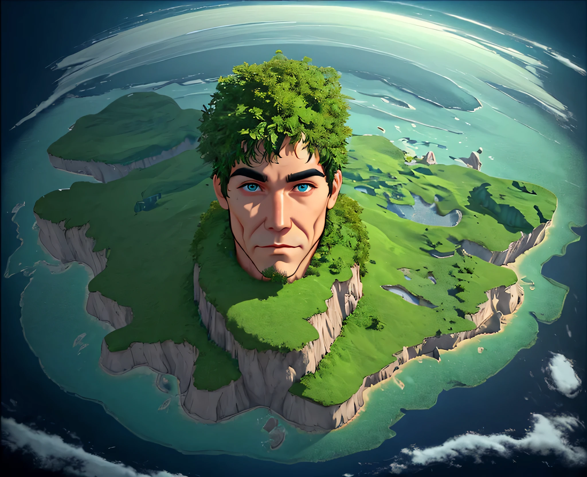 A top view of an island shaped like a male human face in the style of imaginative landscapes,cartoonish