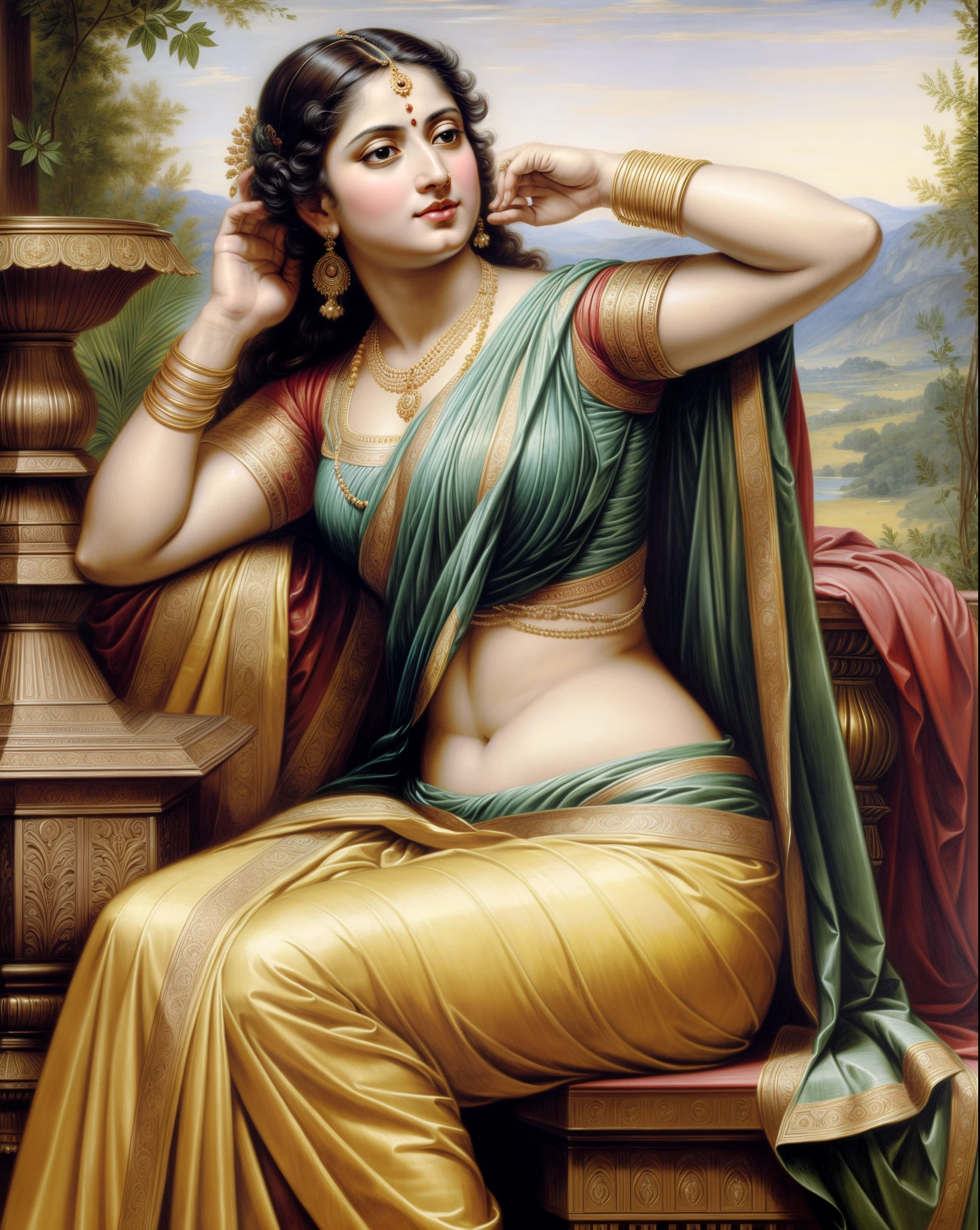 Beautiful Indian Woman, wearing saree, sari Beauty, gorgeous, Apsara, Maharani, royal queen woman, nymph from Hindu Mythology, Urvashi, matchless beauty, Highly detailed, Oil Painting by Peter Paul Rubens inspired by Raja Ravi Varma, Matchless beauty, captivating, gorgeous, heavenly beauty, celestial beauty, by Peter Paul Rubens, 1893, realistic, hyper realistic, micro details, incredible artwork, insane details, ultra High resolution, 8k, 32k, acrylic on canvas, intricate, flawless, detailed, detailed face, detailed eyes, masterpiece, by Peter Paul Rubens, by Caravaggio, by William Adolphe bouguereau, perfect face, perfect body, beautiful art, realism, baroque, renaissance Art, highly textured, beautiful and detailed eyes, uhd, best quality,