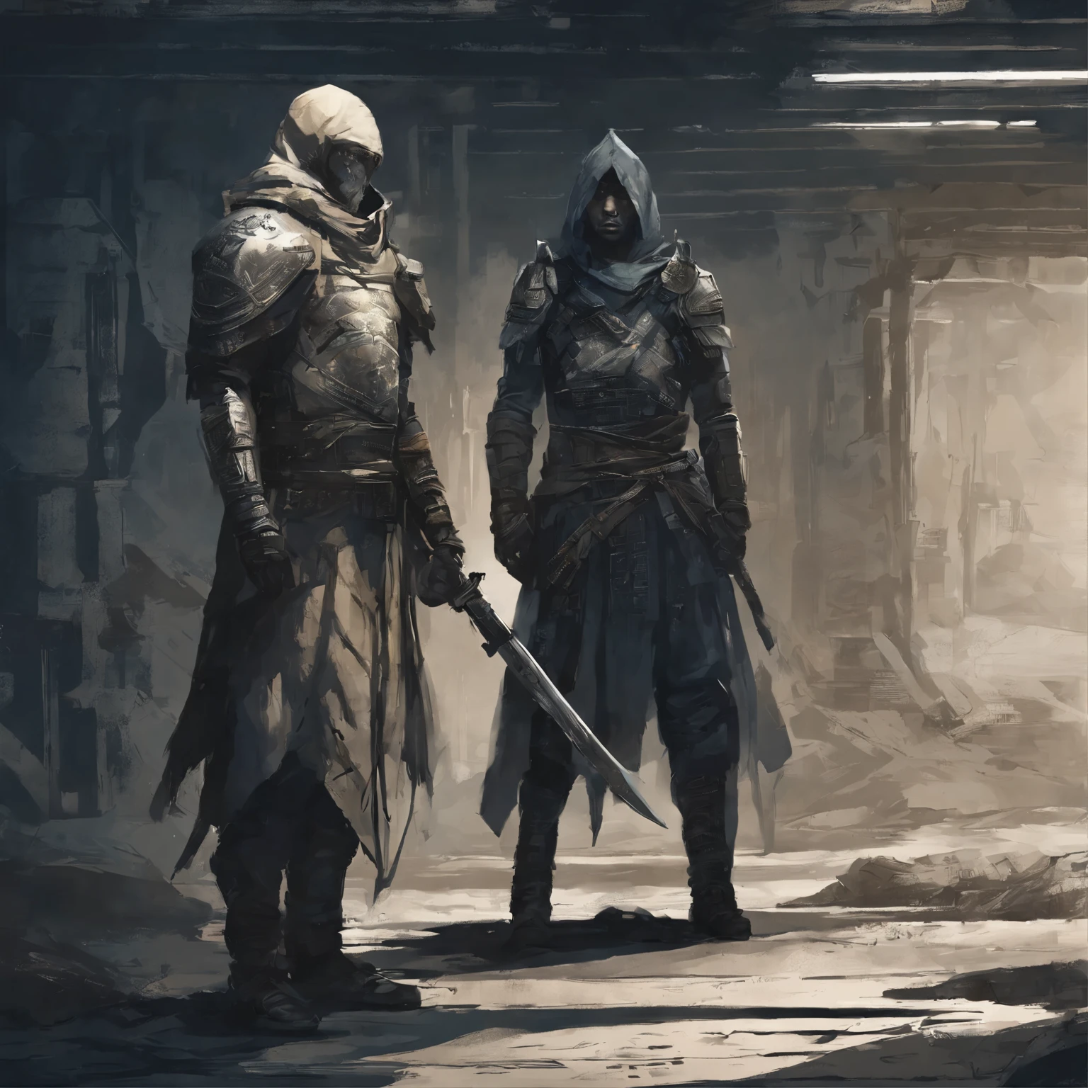 **a warrior in the underground, in the style of subtle impressionism, dark azure and beige, concept art, orientalist, high-keyed palette, sense of quiet contemplation, yombe art --ar 4:3 --v 6.0** - (fast)