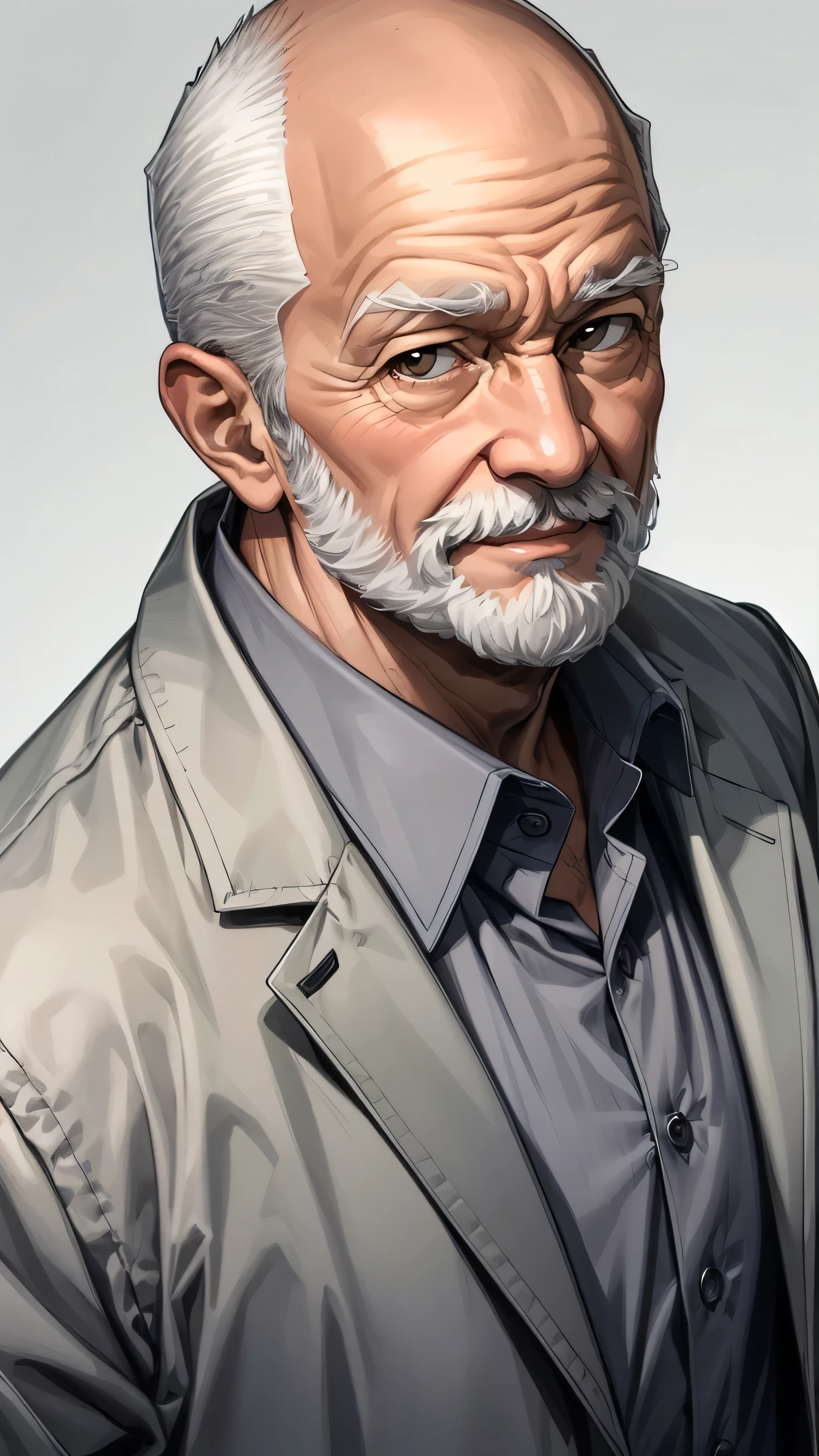 A beautifully drawn (((portrait))), featuring a cheerful (((granpa))) with a full, gray-flecked beard and (((a middle bald white hair))), wearing (((a classic, long-sleeved grey coat along with a white button-up shirt))) that accentuates his slight frame; highres, masterpiece, best quality, sharpen, sharp; highres, masterpiece, best quality, sharpen, sharp