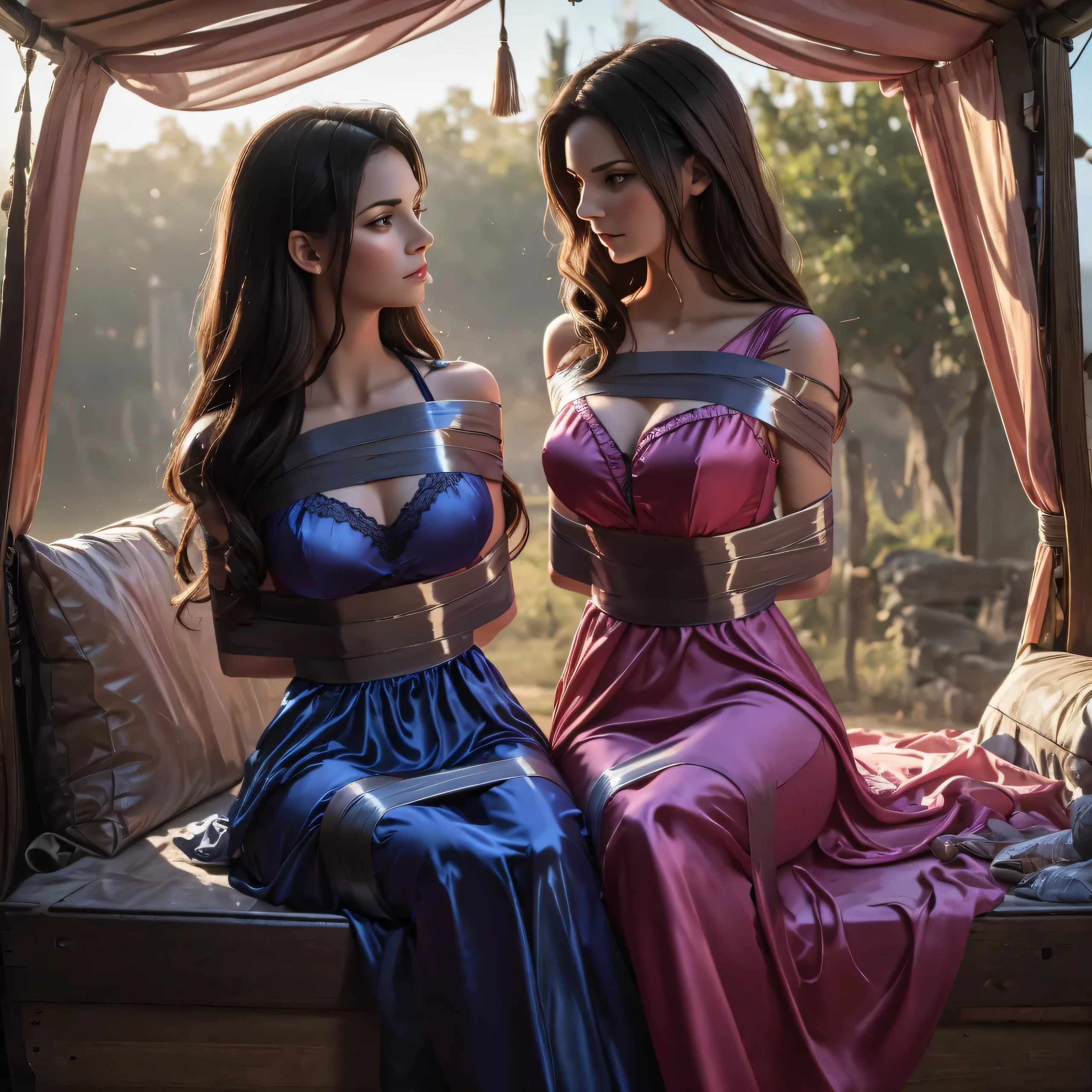 two girl playing bondage game,(bright lighting,romantic setting),dreamy background,bondage,dark hair, mesmerizing gaze, , soft skin, alluring beauty, artistic portrait, high-quality image, vibrant colors, long silk gown, in the van's trunk,tape bondage,tape gag, mosquito net