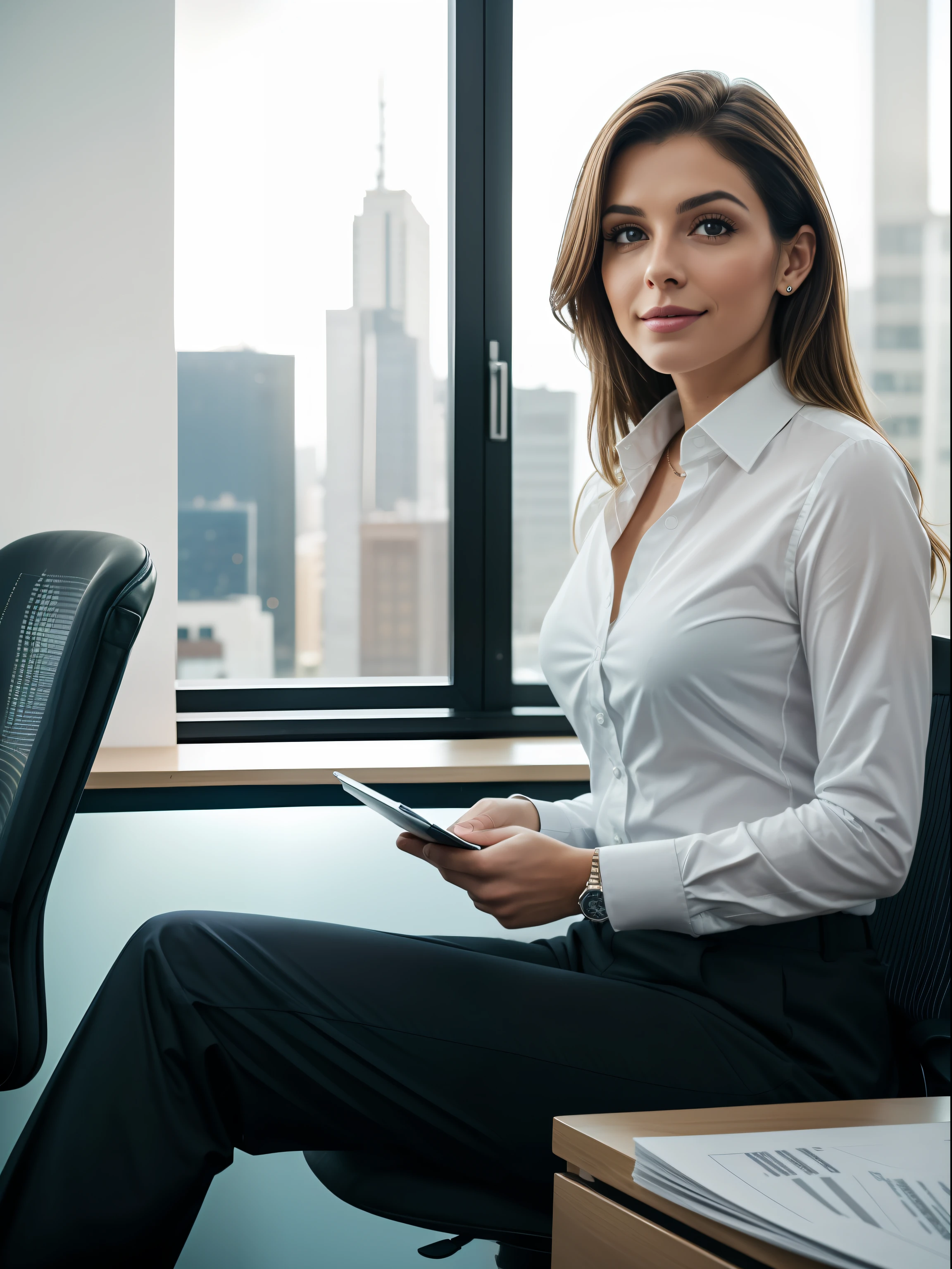 A cute woman sitting in the office,crew cut,business suit,Windows,Cityscape,corpo inteiro,macho maduro,,best quality, 50mm f/2.8, fotografia e revista GQ, Trending on Flickr Masterpiece, high resolution, best quality,, Realistic, Realistic photo, foto do filme, ultra realistic, 1 pessoa, circunstanciado, perfect lighting, DSRL, foto profissional, 4k ,blue lighting,sorrir
