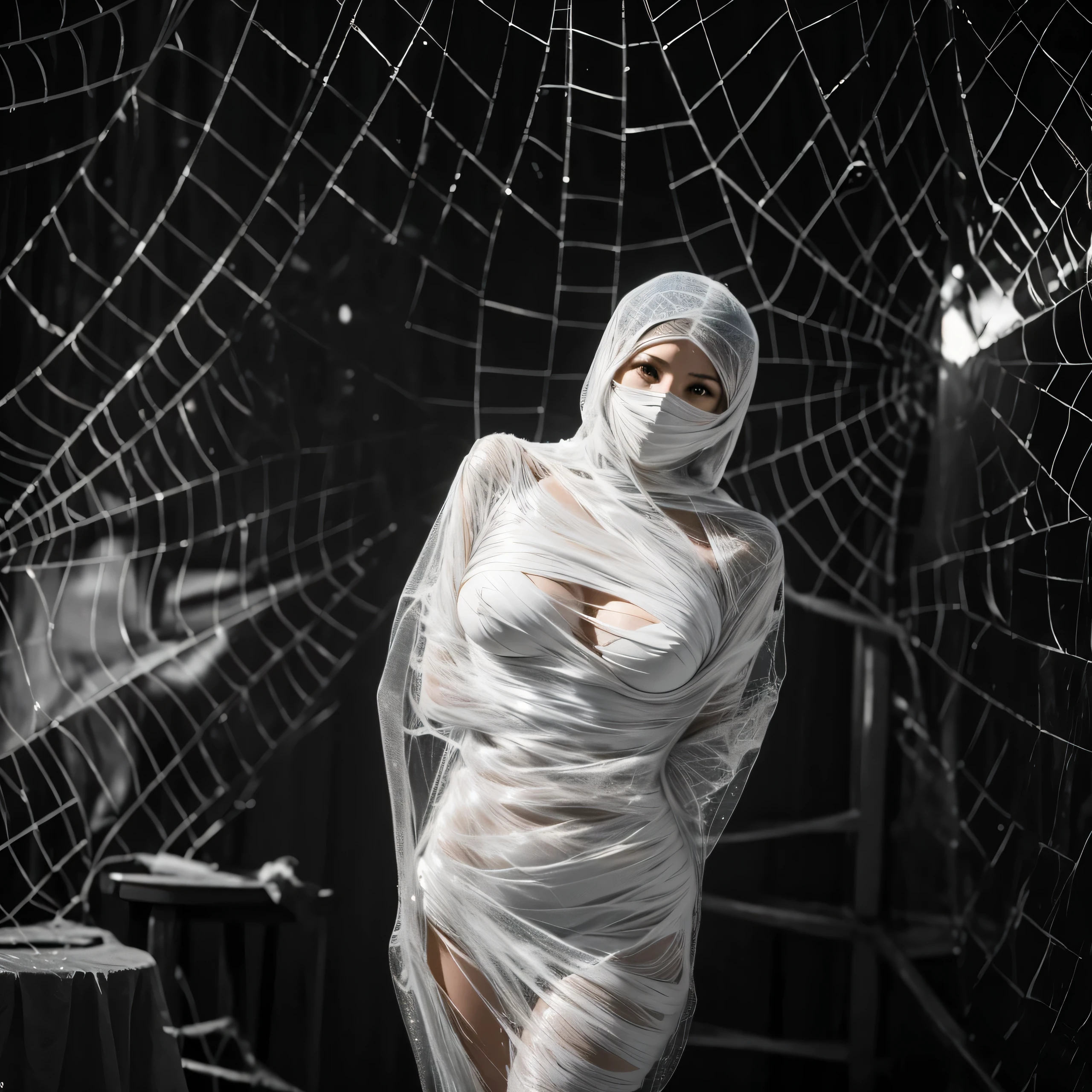 a seductive nude girl entangled in the spider web, struggle, detailed classroom, (cocoon:1.3), spider web, hanging, (best quality,4k,8k,highres,masterpiece:1.2),ultra-detailed,(realistic,photorealistic,photo-realistic:1.37), HDR, UHD, studio lighting, extreme detail description, professional, vibrant colors, bokeh, portraits, minimalist color palette, soft lighting