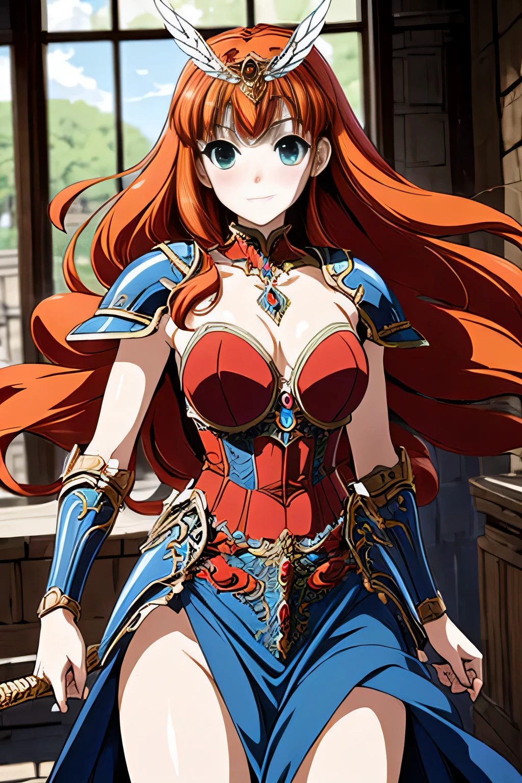 (masterpiece, highest quality:1.2),Lucia,1 girl,alone,green eyes,orange hair,very long hair,red armor dress,cowboy shot,wing tiara,((blue pelvic curtain armor)),((blue waist armor)),blue shoulder armor,(blue cuff),blue knee boots,pauldron,blue armor belt,with a sword