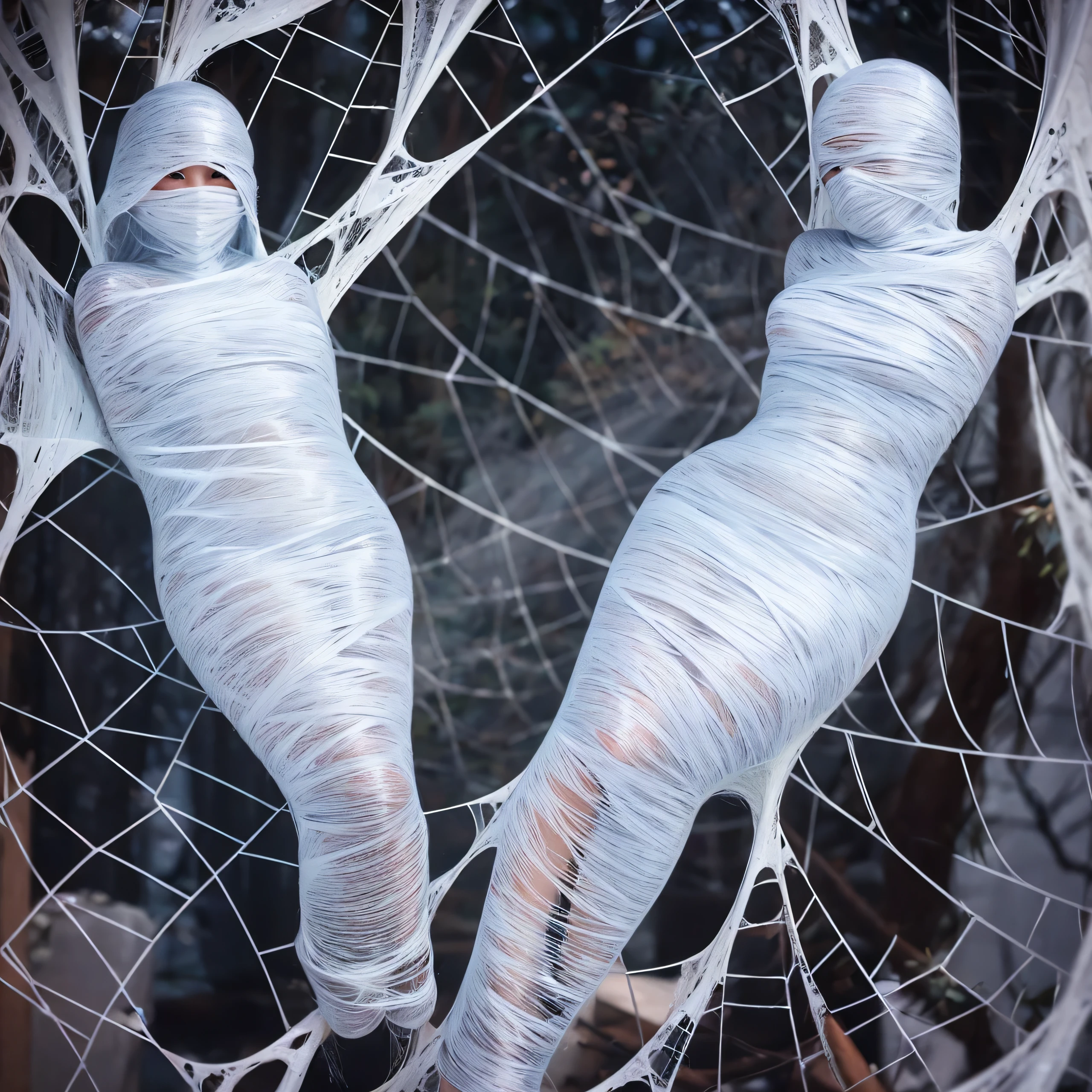 a girl entangled in the spider web, struggle, detailed classroom, (cocoon:1.3), spider web, hanging, spider in the web, spider