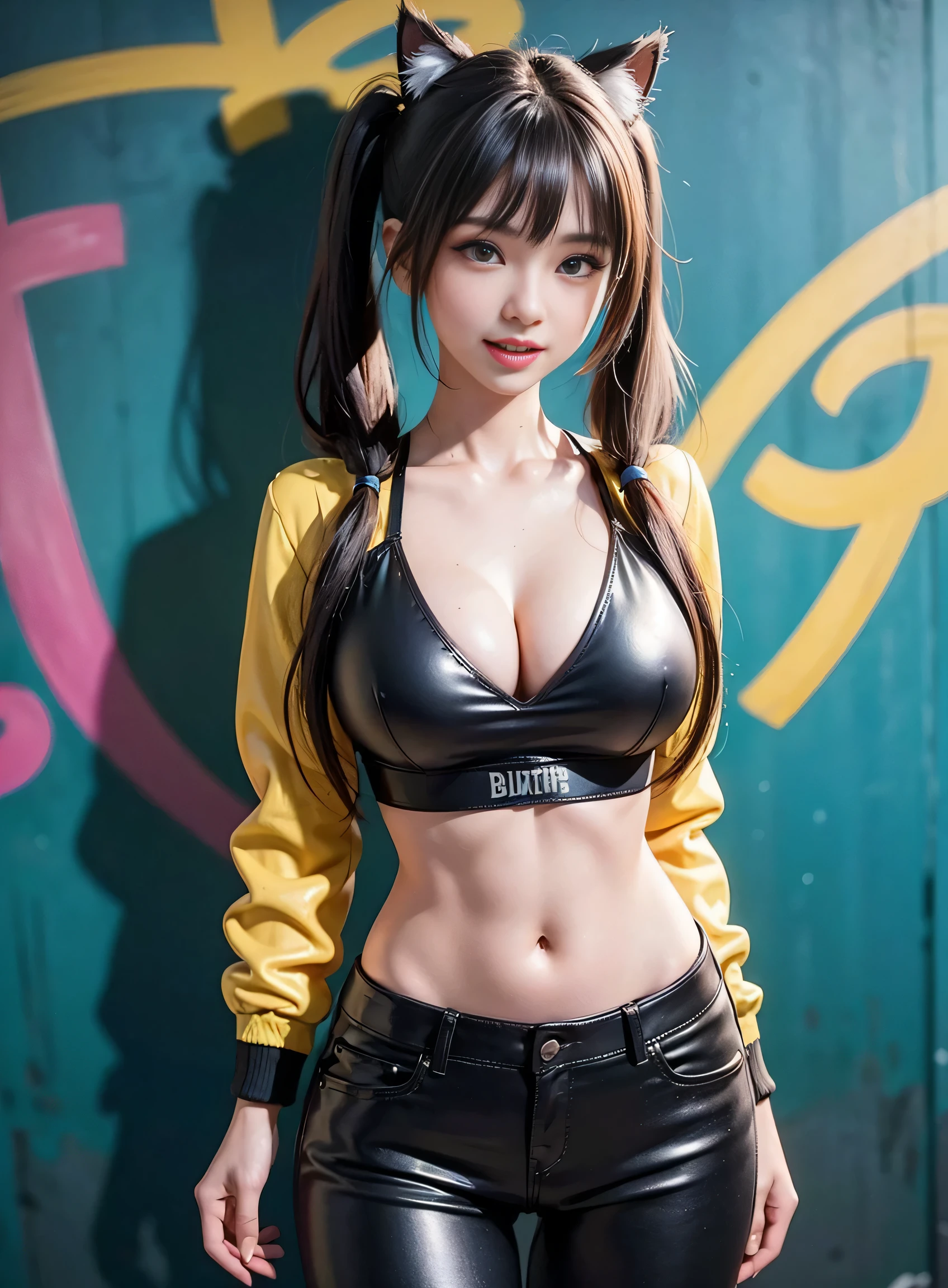 sfw, Cute 16 year old nekomata catgirl, , Delicate Beautiful Attractive Face With Alluring Yellow Eyes, open mouth, Broadly Smiling, Lovely Medium Breasts, Layered Long Twintail hair, Blush Eyeshadow, Thick Eyelashes, Oversized cyberpunk Tech jacket, Mini Underboob Tee, Open Navel, Slim Waist, leather Pants, In The Graffiti Alley, Holding Spray Paint Can, Standing, Original Character, Volumetric Lighting, Best Shadows, Shallow Depth of Field, (Highest Quality, Amazing Details:1.25), (Solo:1.3), Brilliant Colorful Paintings, wearing bra,((skinny waist)), young asian girl, ((big breasted)),