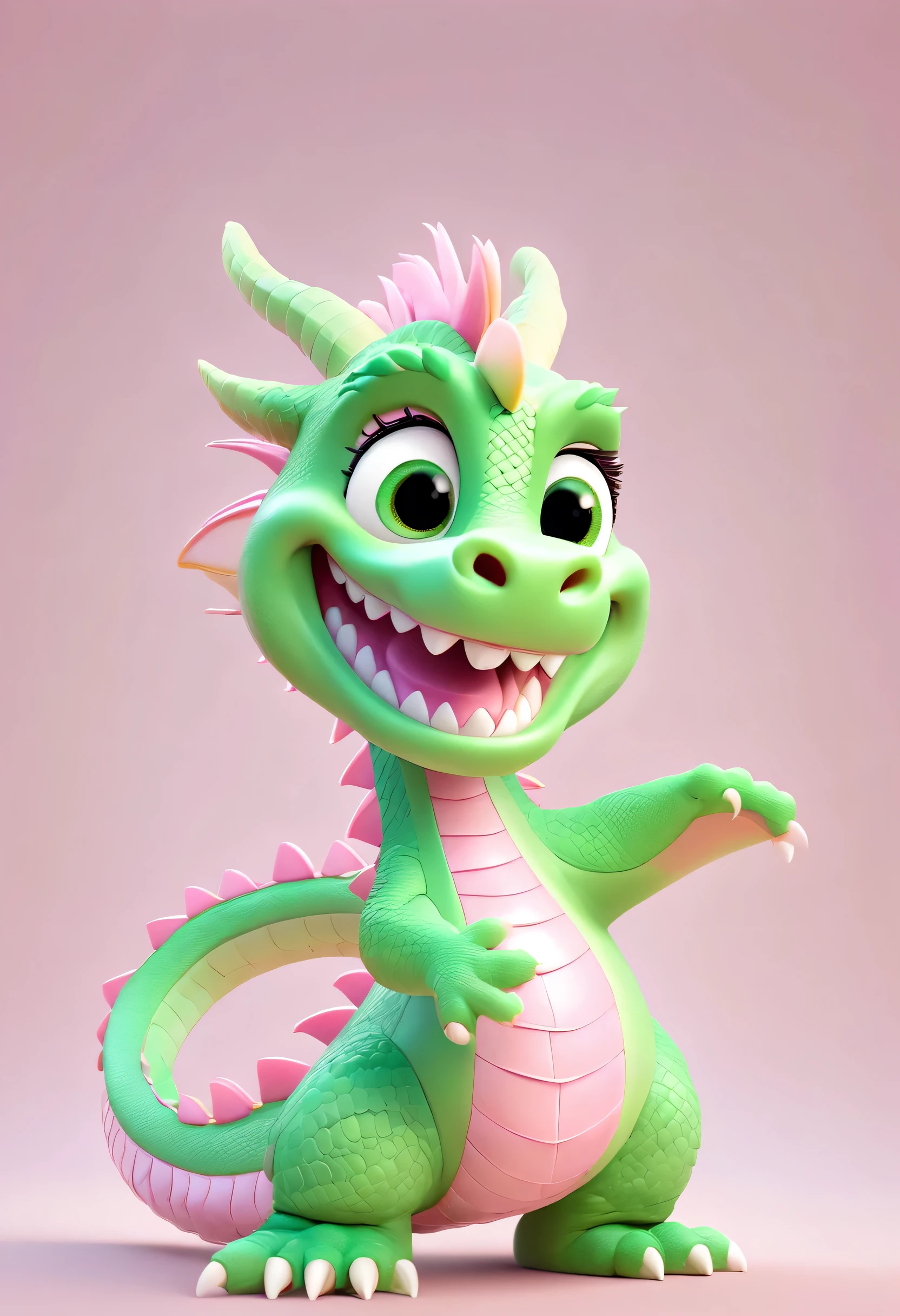 Pixar-Animationsstil, a pink-green Chinese dragon, aus Zuckerwattematerial, with a happy expression on his face. Der Hintergrund des Ausweisfotos ist rosa, mit halbseitiger Komposition. Stehen, The whole body is centered, hartes Licht, starker Lichtsinn, C4D, 8 Tausend, High definition quality 