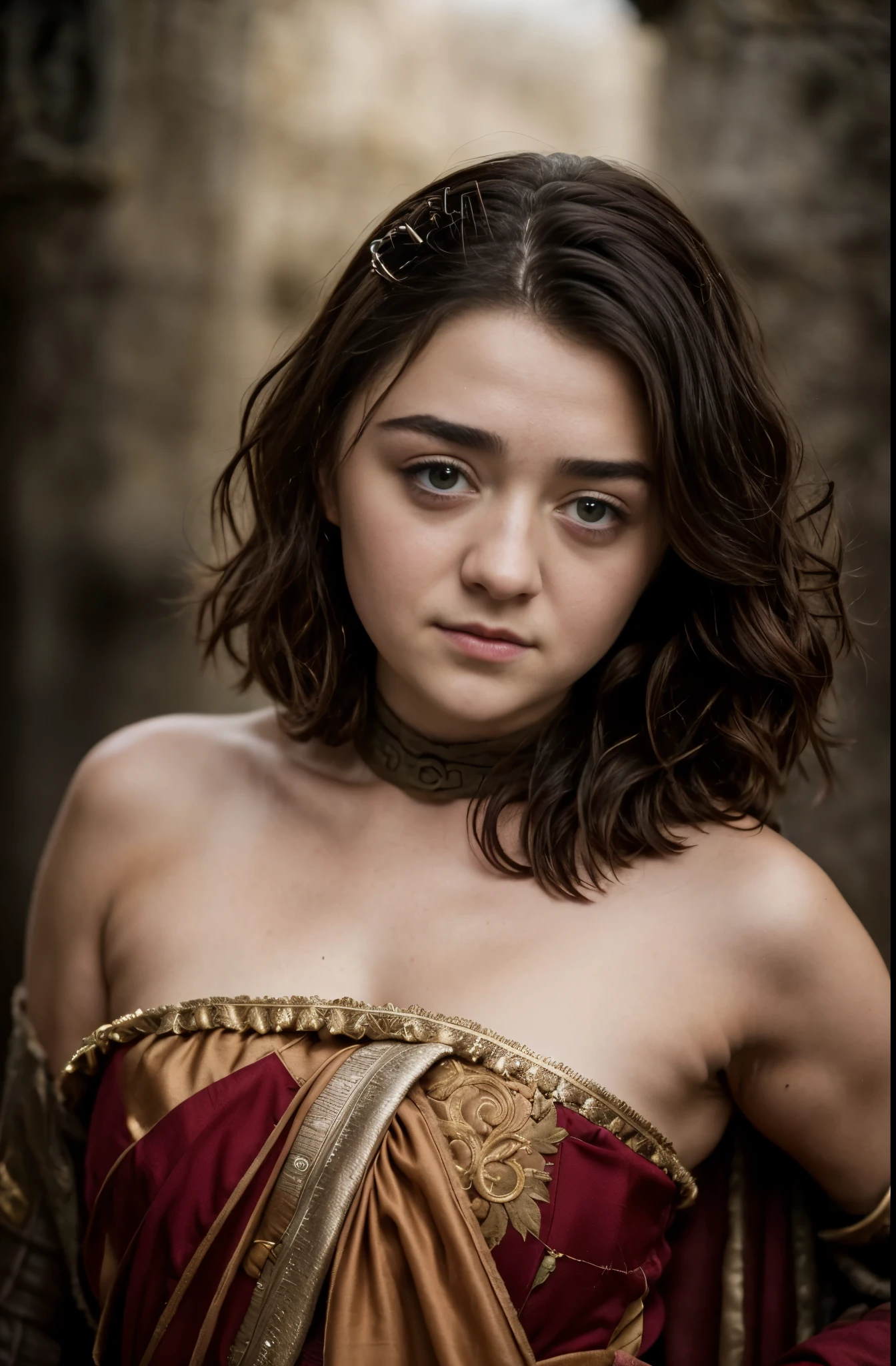 Foto RAW, RAW photograph of Maisie Williams, Arya Stark, Extremely gorgeous lady, Arya Stark PLAYED BY MAISIE WILLIAMS, Queen Arya Stark, she  a mature woman now, milf, sexy mediaeval battle dress, gladiator woman, body, 40 years old Woman, body revealing costumes, perky breast, skin pores, big natural breast, erotic costumes, lusty physique, seductive figure can capture every people's attention, Game of thrones costumes, revealing captivating figure, Mediaeval costumes, revealing clothes, A tomboy, she would rather fence than dance, warrior queen , game of thrones screen caps, Game of Thrones Series, (pele altamente detalhada: 1.2), 8k UHD, DSLR, soft-lighting, alta qualidade, grain of film, Fujifilm XT3, flawless picture, highly detailed, detailed Beauty, intricate, 32k, sharp picture,