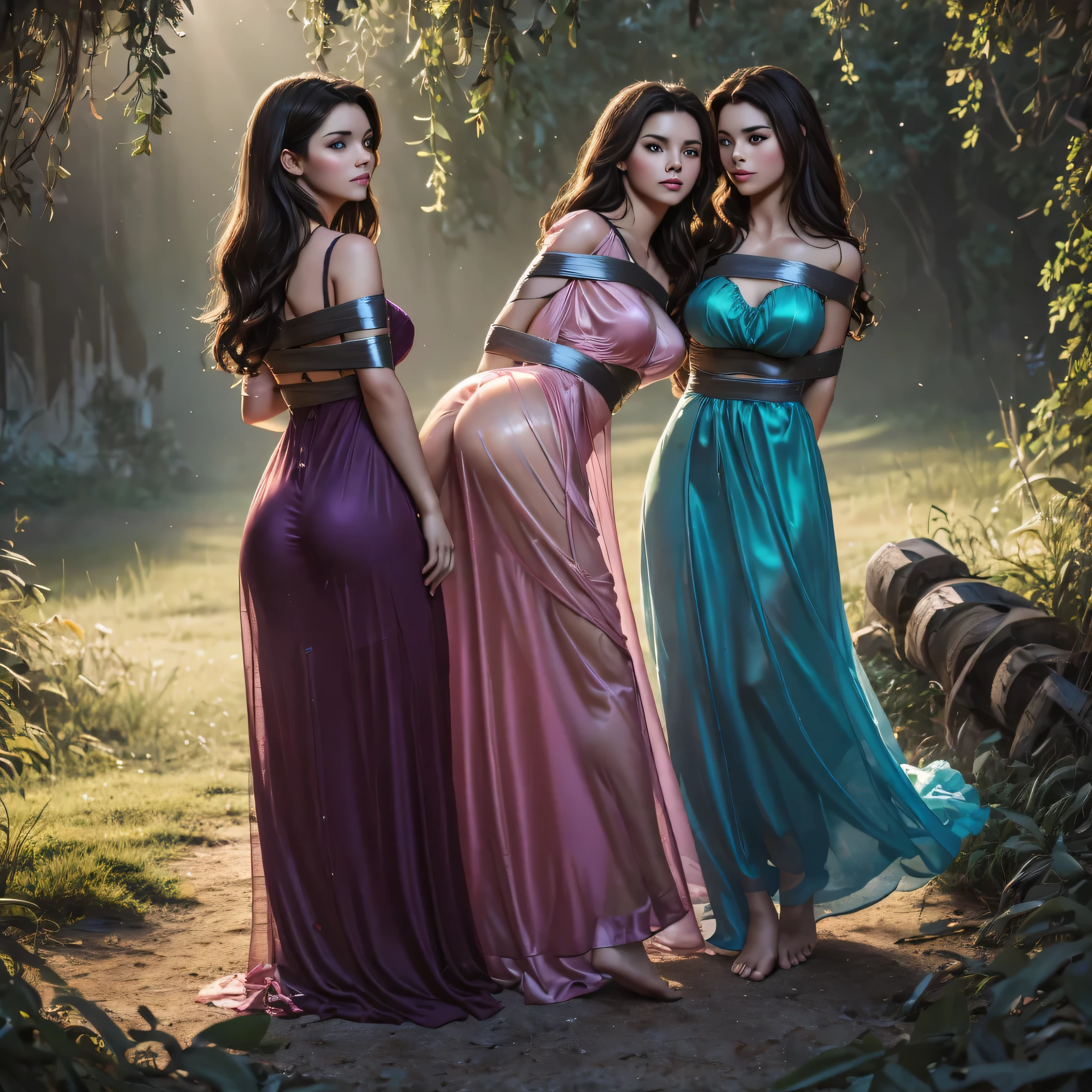 two girl taped on the ground and they are struggle to get free, see her ass,(bright lighting,romantic setting),dreamy background,bondage,dark hair, mesmerizing gaze, , soft skin, alluring beauty, artistic portrait, high-quality image, vibrant colors,translucent long silk gown, mosquito net, see her feet
