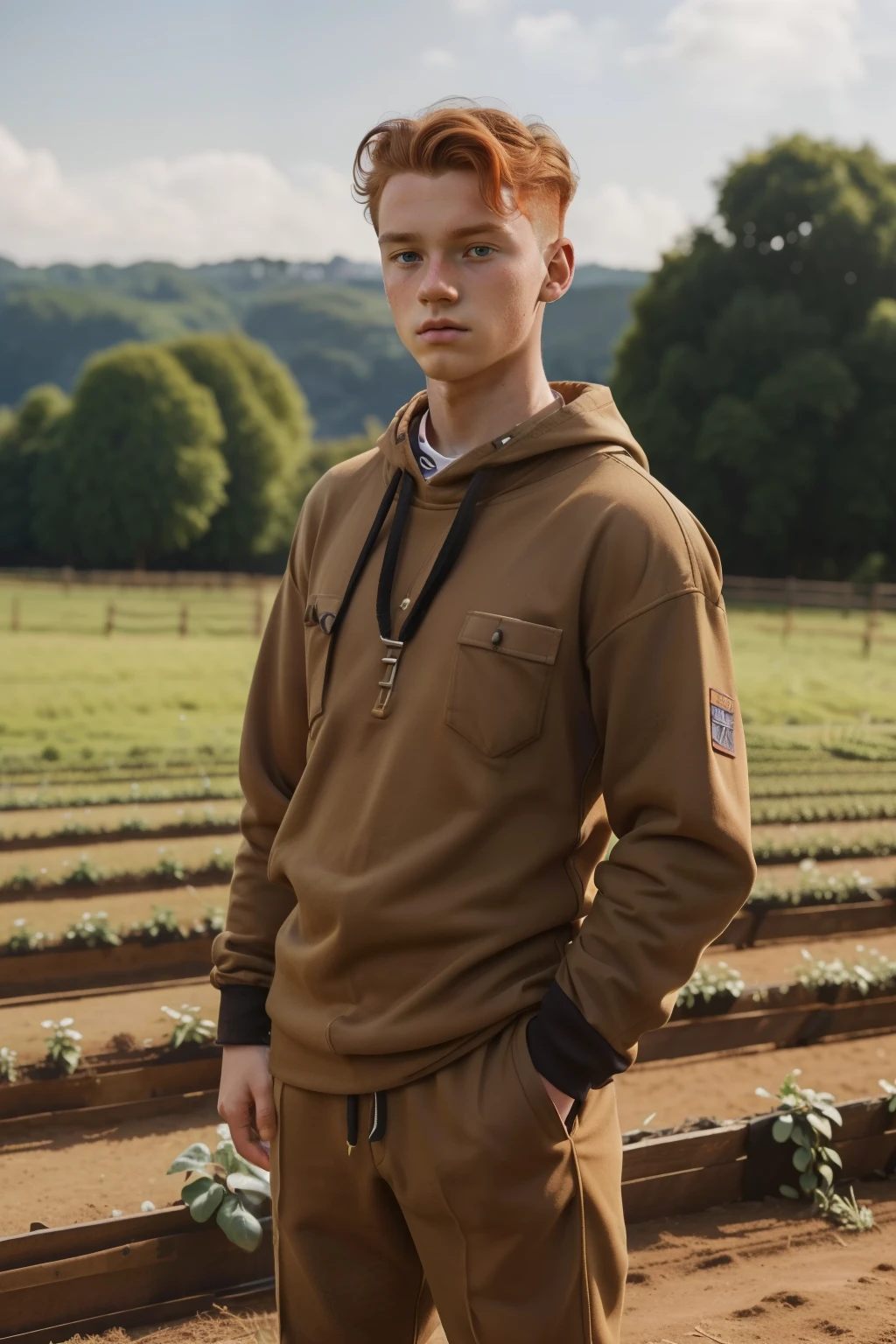 England, 2024. A young ((((16-year-old)) Wulfric)), rustic boy, strong, angular features, serious, kind, working in the farm. ((((clothings from the 2020s)))), ((ginger hairstyle of the 2020s))