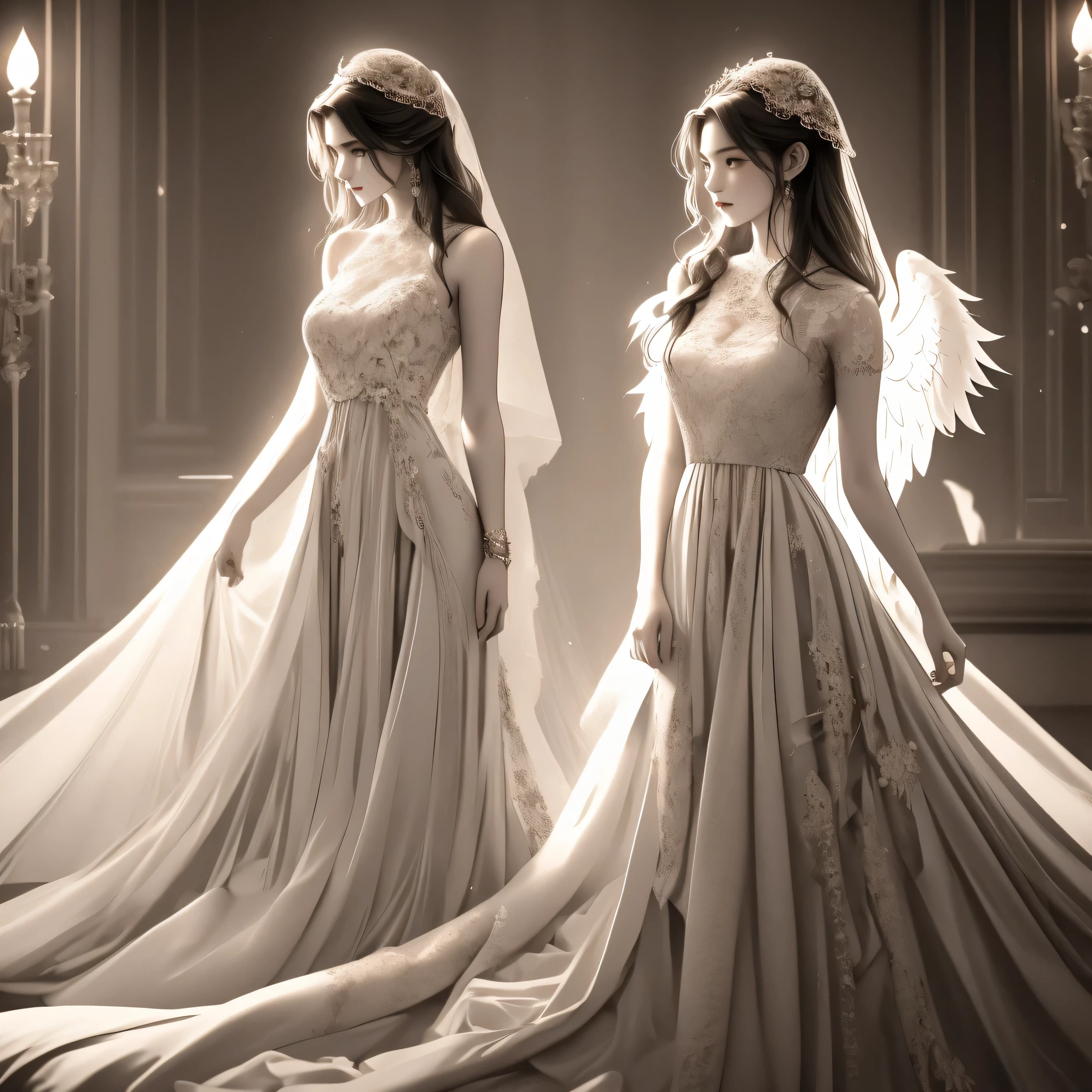 an angel bride with wings(best quality,4k,8k,highres,masterpiece:1.2),ultra-detailed,(realistic,photorealistic,photo-realistic:1.37),bridal dress,long wavy black hair,mysterious gaze,pale flawless skin,luscious red lips,fangs showing,stunning facial features,dark and alluring eyes,vintage lace details,elegant flowing fabric,ornate floral embroidery,fit for a queen,tall and slim figure,dancing in moonlight,candlelit old mansion,romantic atmosphere,moonlit garden backdrop,crimson roses blooming,dramatic shadows,ethereal glow,vintage gothic style,hauntingly beautiful,romantic and chilling,delicate lace veil,hint of mystery and seduction,ethereal beauty,enchanted by the night,exquisite attention to detail,subtle yet striking,rich and deep color palette,soft and gentle lighting,dark, mysterious, and captivating.