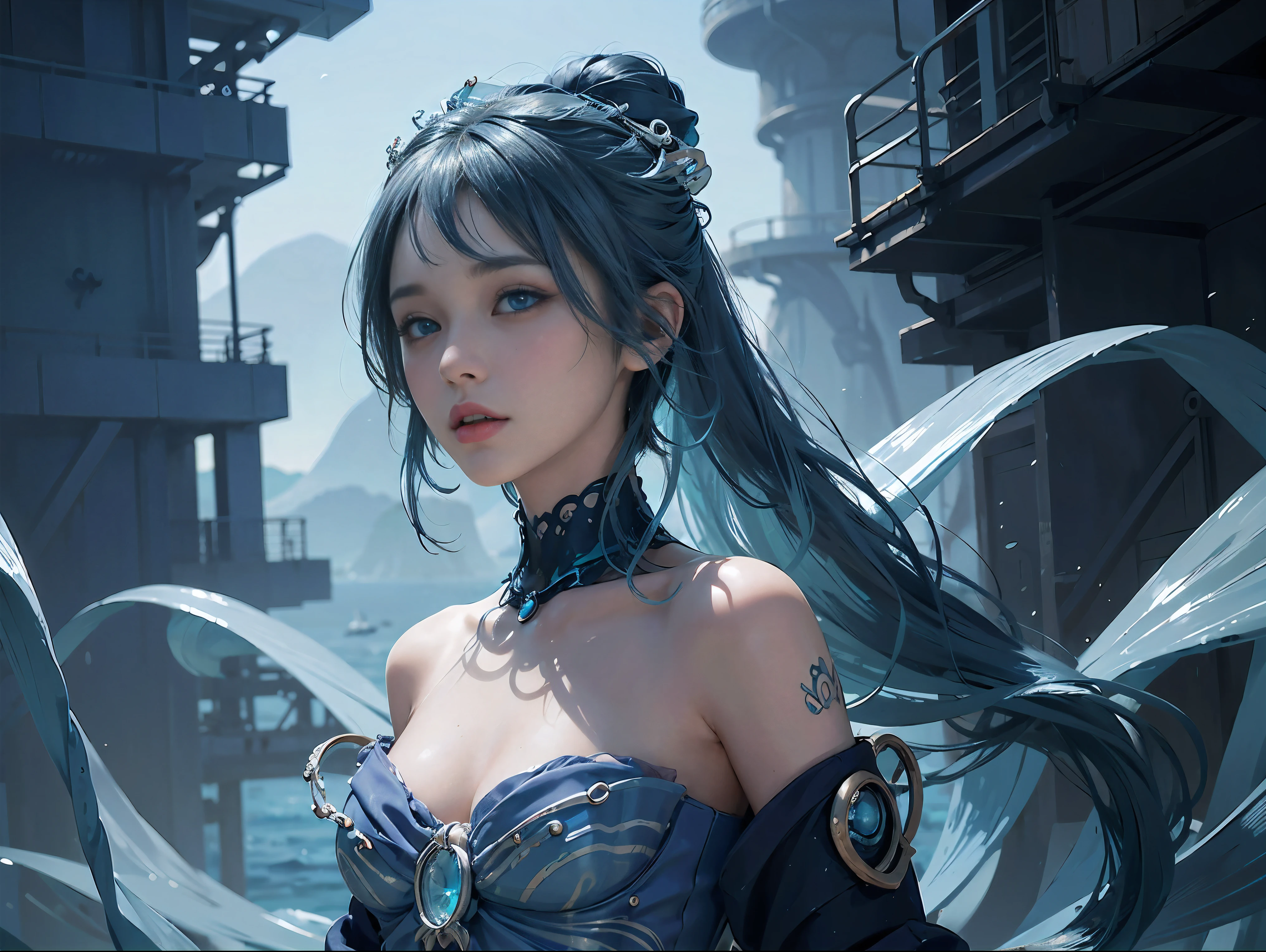 ((masterpiece,best quality)),negative space:1.3,imagine,there is a woman,Has navy blue hair and jelly, There are a lot of aquamarine jellyfish,fine details, Humanoid sea blue female squid girl, light and shadow background, Ocean blue hair and cyan eyes, Cyberpunk Jellyfish,