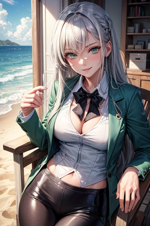 (masterpiece:1.2, best quality) intrica details, mature woman,  silver hair, long hair, messy hair, light green eyes, smile, medium brests, sport jacket, sexy, highly detauls, beach, withe skin.