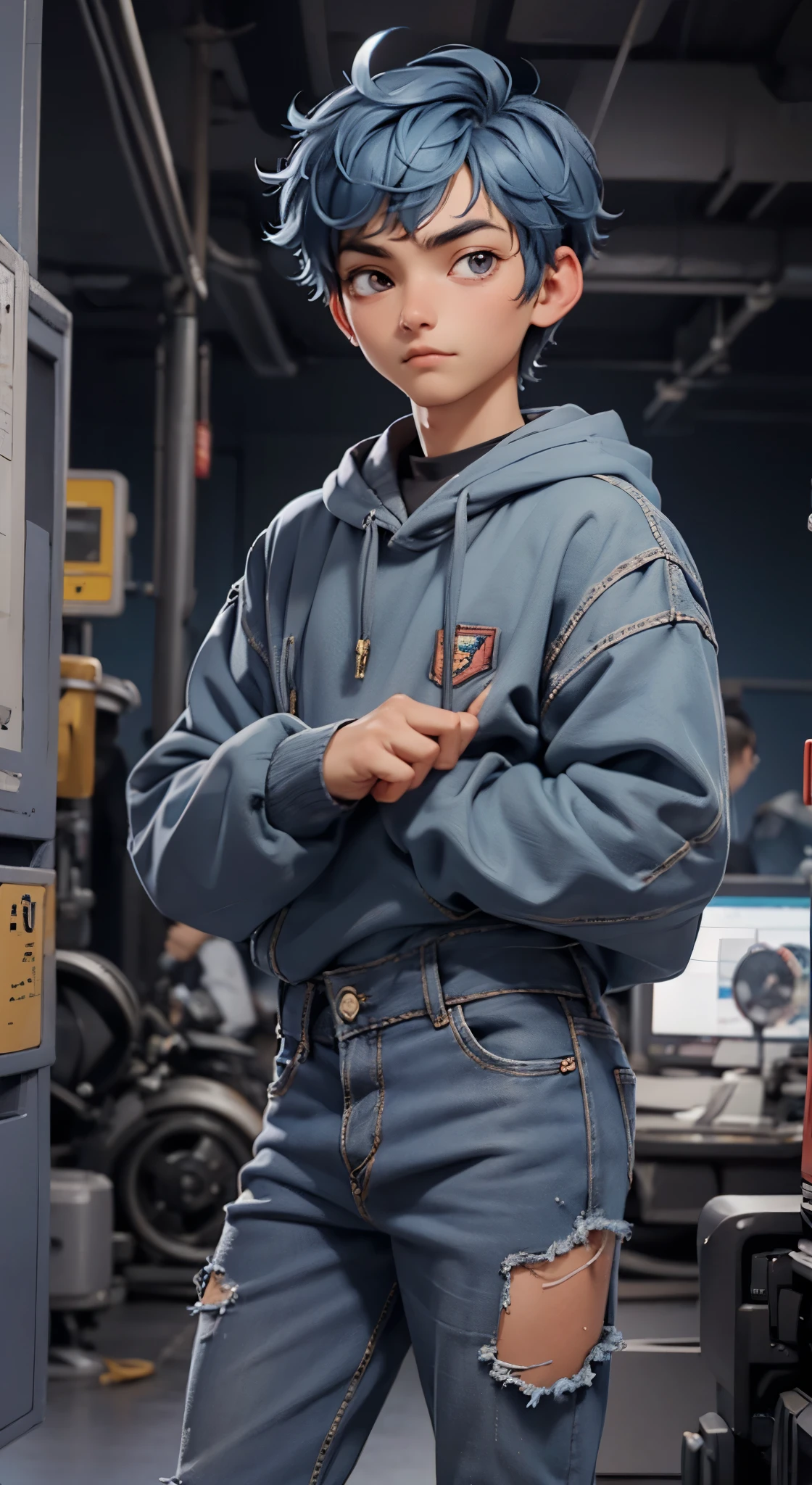 18 year old man, short blue hair, thin, wears a sweatshirt and jeans, he has days of beard