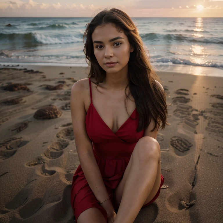 beautiful woman, red dress, sitting on the beach , look at the camera, Young woman, red dress, High quality portrait, Photo of young woman, Portrait half taken, sitting on the beach, sitting on the beach, Posing on a beach with the ocean, half portrait, on the beach at sunset, on the beach at sunset, on the beach at sunset, portraits 5 mm
