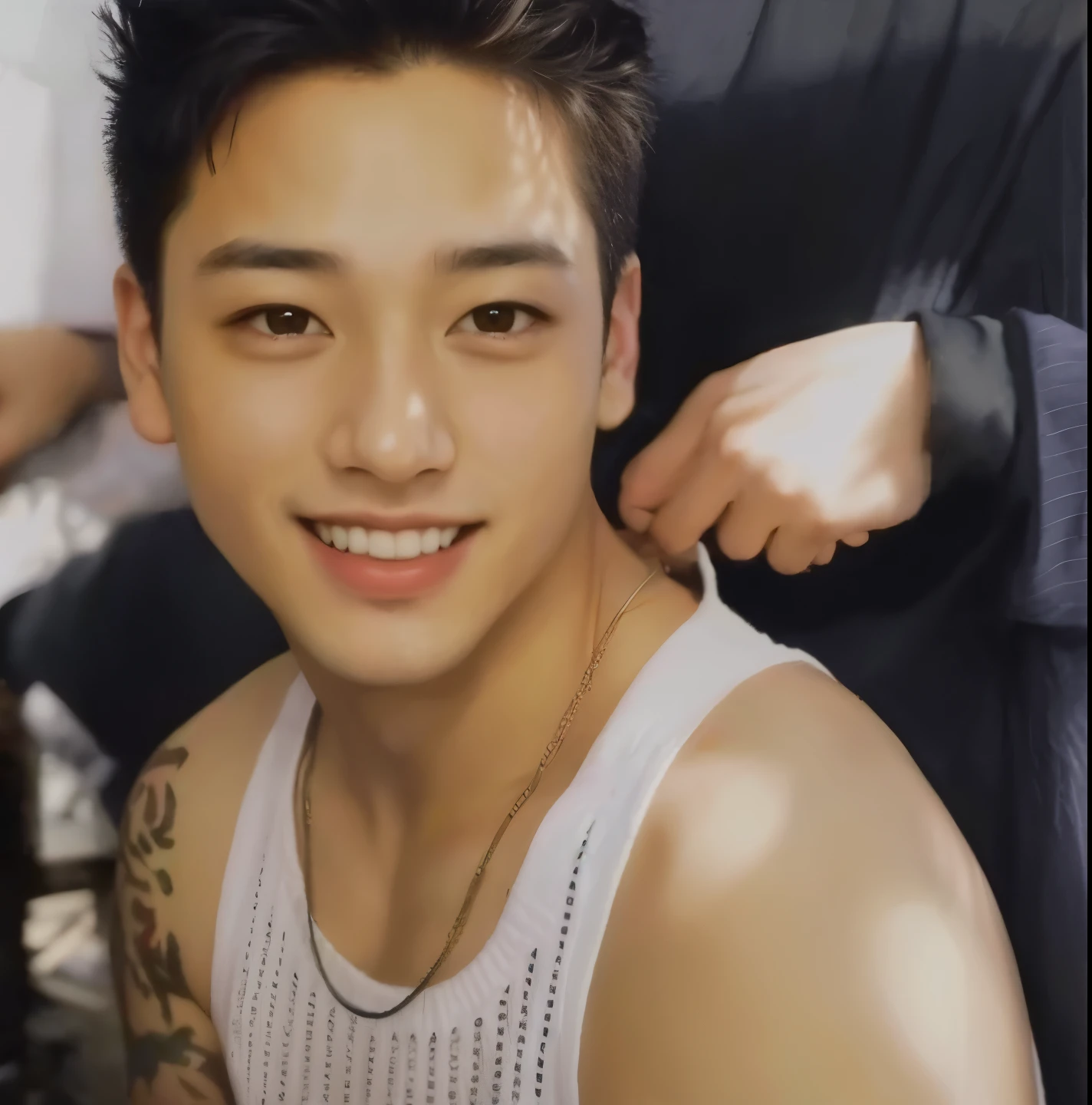 1 jovem sorrindo, Jungkook hein Jungkook
aos 23 ou 25 anos e.o homem musculoso vestindo camisa branca de manga longa e gravata, tronco, ironic smile soft lighting,
obra de arte, melhor qualidade, 8k hd, dslr, film grain, Arte
de pintura fotorrealista Fujifilm XT3 de Midjourney e Greg Rutk owski, soft ironic smile