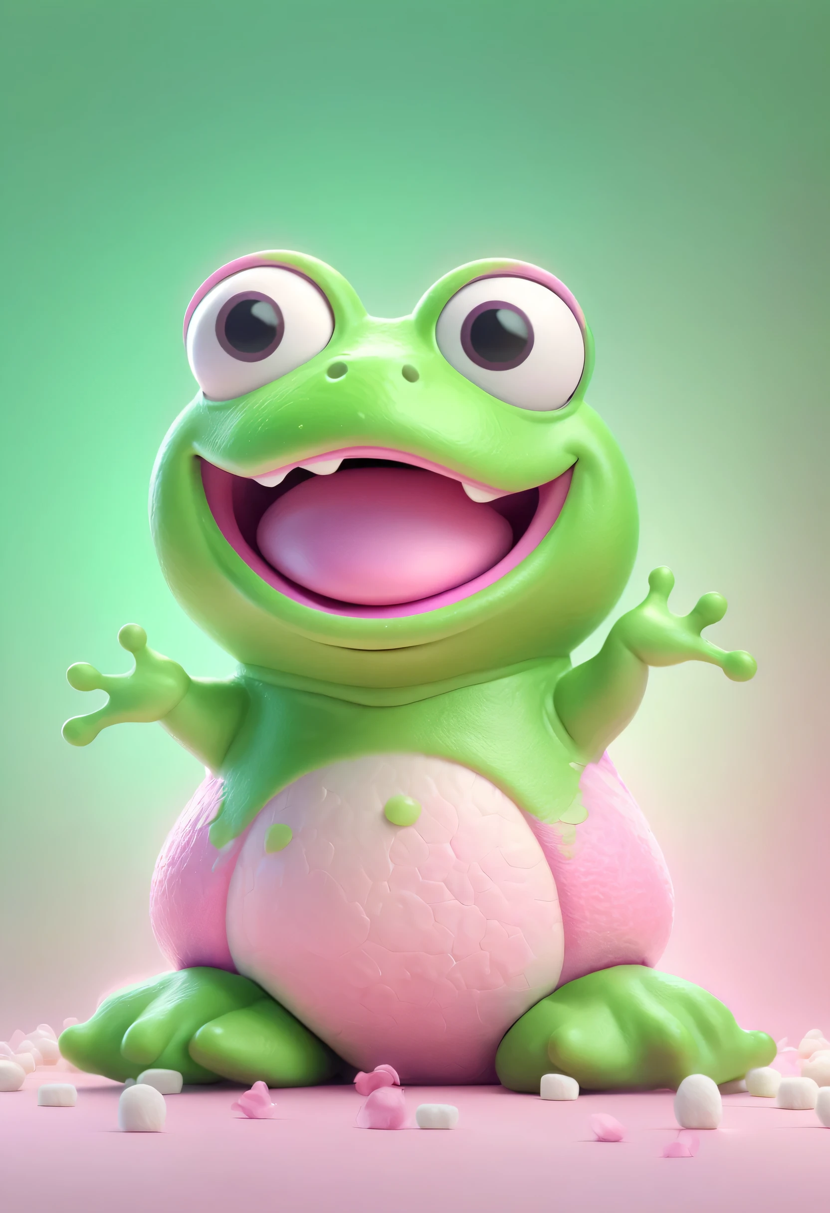 Pixar-Animationsstil, pink green frog, Aus Marshmallow-Material, with a happy expression on his face. Der Hintergrund des Ausweisfotos ist rosa, halbe Komposition. dauerhaft, The whole body is the focus, Blendung, Strong feeling of light, C4D, 8 Tausend, HD super quality 