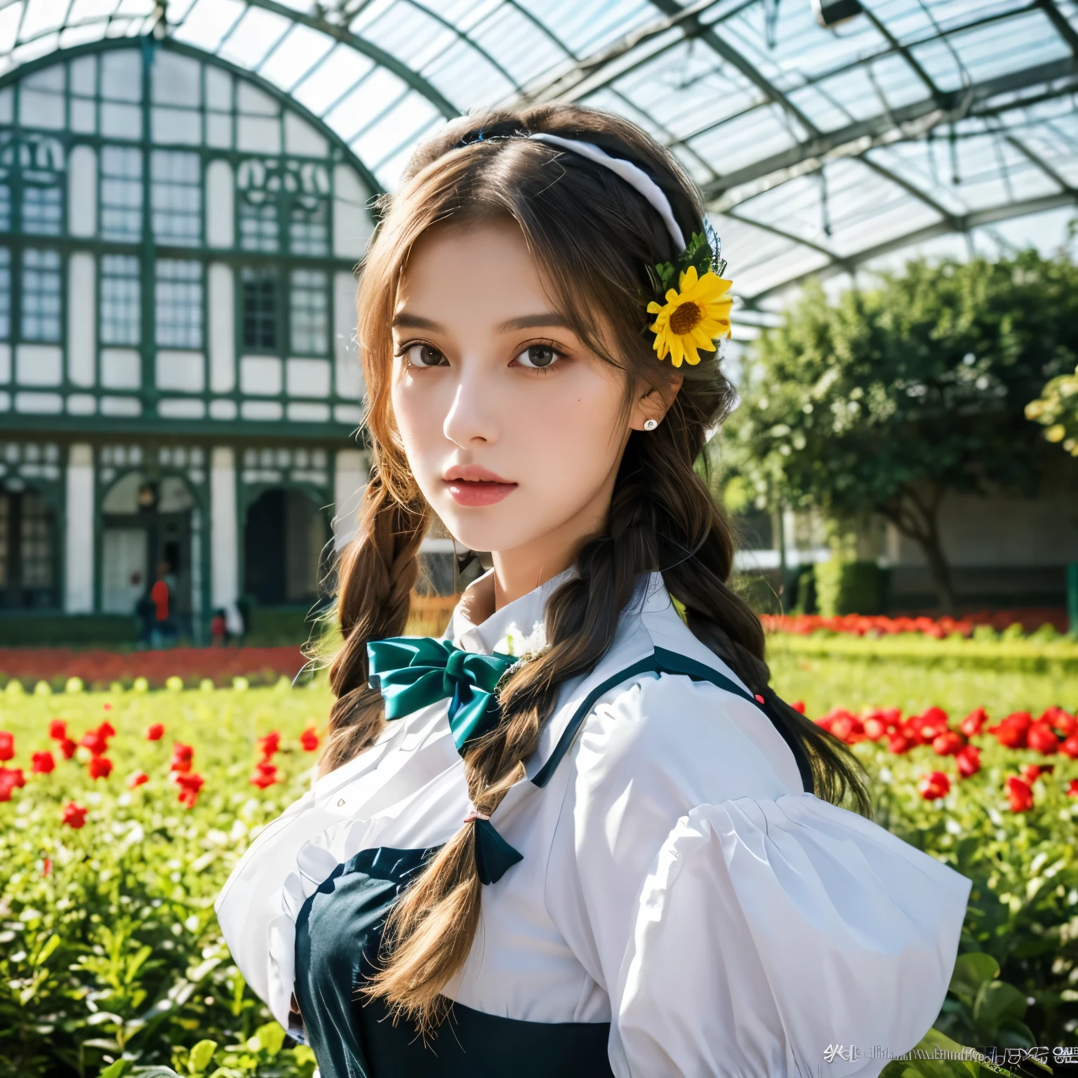 ((flower style)), (advntr), (1girl), (((solo))), (realistic:1.5), light particles, light rays, victorian, (best illustration), photorealistic, octane render, 8k, neon light, flying cars, detailed face, detailed eyes, ((maid)), maid headband, long braid, very long hair, blonde hair, blue eyes, (sharp eyeliner, eyeshadow, detailed eyes:1.1), (Ulzzang-6500), model pose, (standing), (outdoors), noon time, public area, indoors, (green house in the background), BREAK G36  