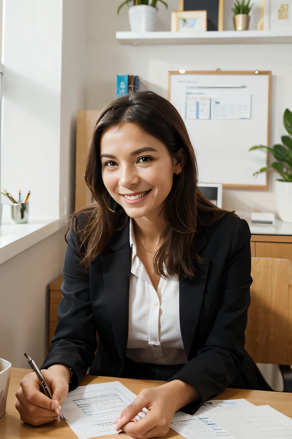 A pretty strategy consultant in her office, elle est souriante et heureuse