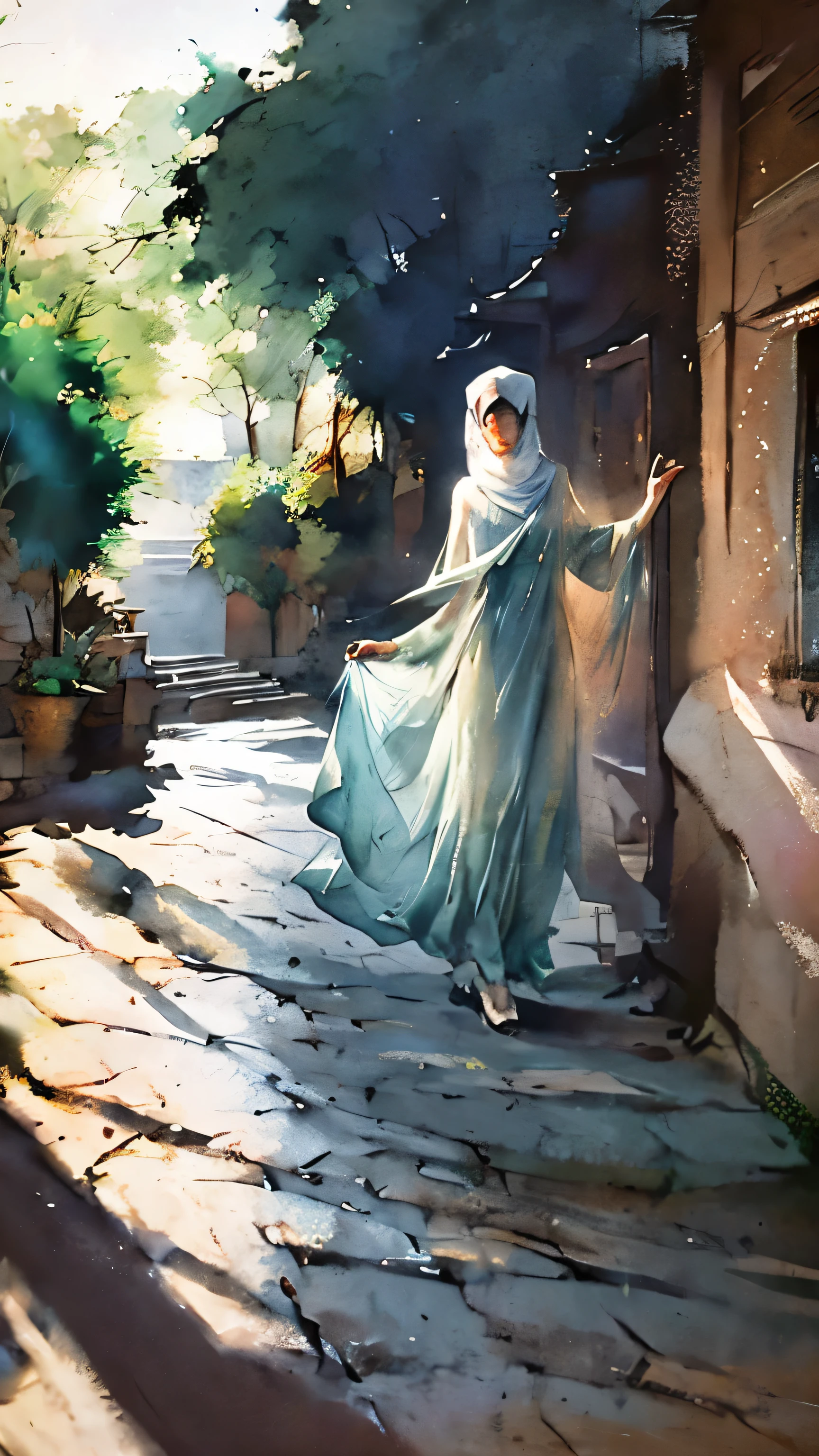a painting of a woman with long hijab wearing a white dress, beautiful character painting, guweiz, artwork in the style of guweiz, by Yang J, by Fan Qi, by Zhang Han, by Zeng Jing, by Zhou Wenjing, guweiz masterpiece, by Li Song, beautiful anime portrait, by Ye Xin, by Song Xu