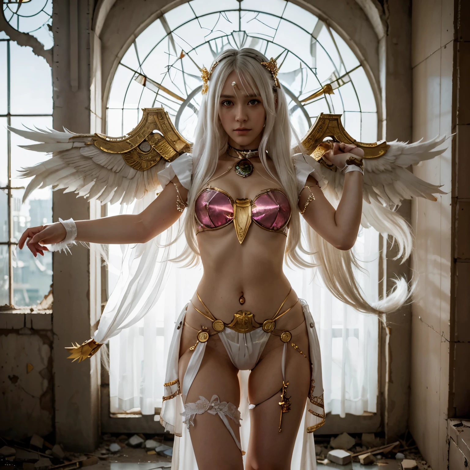 portrait, long hair, white hair, golden eyes, 1girl, head, face, magical girl, absurdres, masterpiece, best quality, magical girl costume, ((mahou shoujo)), short hair, desolation, ruins, dynamic pose, apocalypse, spellcasting, Style-Glass, full body shot