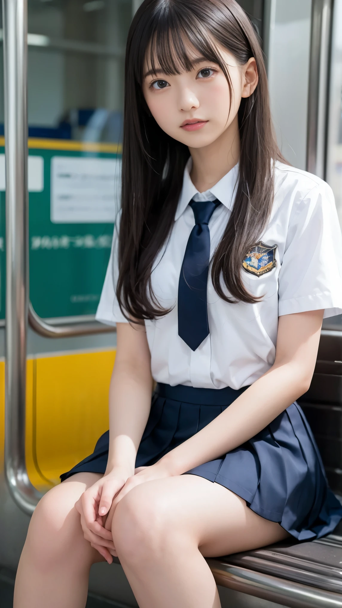 (masterpiece, highest quality:1.2), 8k, 15Year, 85mm, official art, RAW photo, スーパースリムなスレンダーbeautiful girl, Year, 85mm, official art, RAW photo, 超絶スリムな美しいスレンダーbeautiful girl, navy blue short skirt、short sleeveの白い制服シャツ、show me your ears、naked girl photoshoot、full nude, , cute face, close, Half body, Biolace, gardenia, beautiful girl, school uniform, (navy pleated skirt:1.1), tighten your waist, thighs, short sleeve, in the train, sit on a bench seat, looking at the viewer, no makeup, (smile:0.4), film grain, chromatic aberration, sharp focus, face light, clear lighting, Ten generations, detailed face, background bokeh, (dark red tie:1.1)、