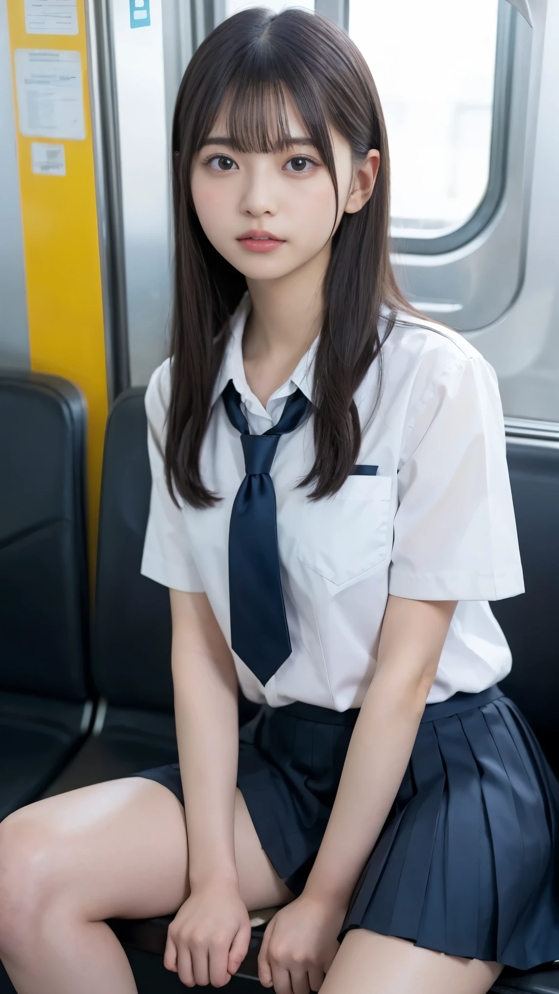 ((Best Quality)), ((masutepiece)), 18 years old real Japanese beautiful high school girl、pony-tail hair、beautiful thigh、Bust 82cm、35cm miniskirt above the knee、Muchimuchi's body、sitting on train seat、Summer uniform、interview