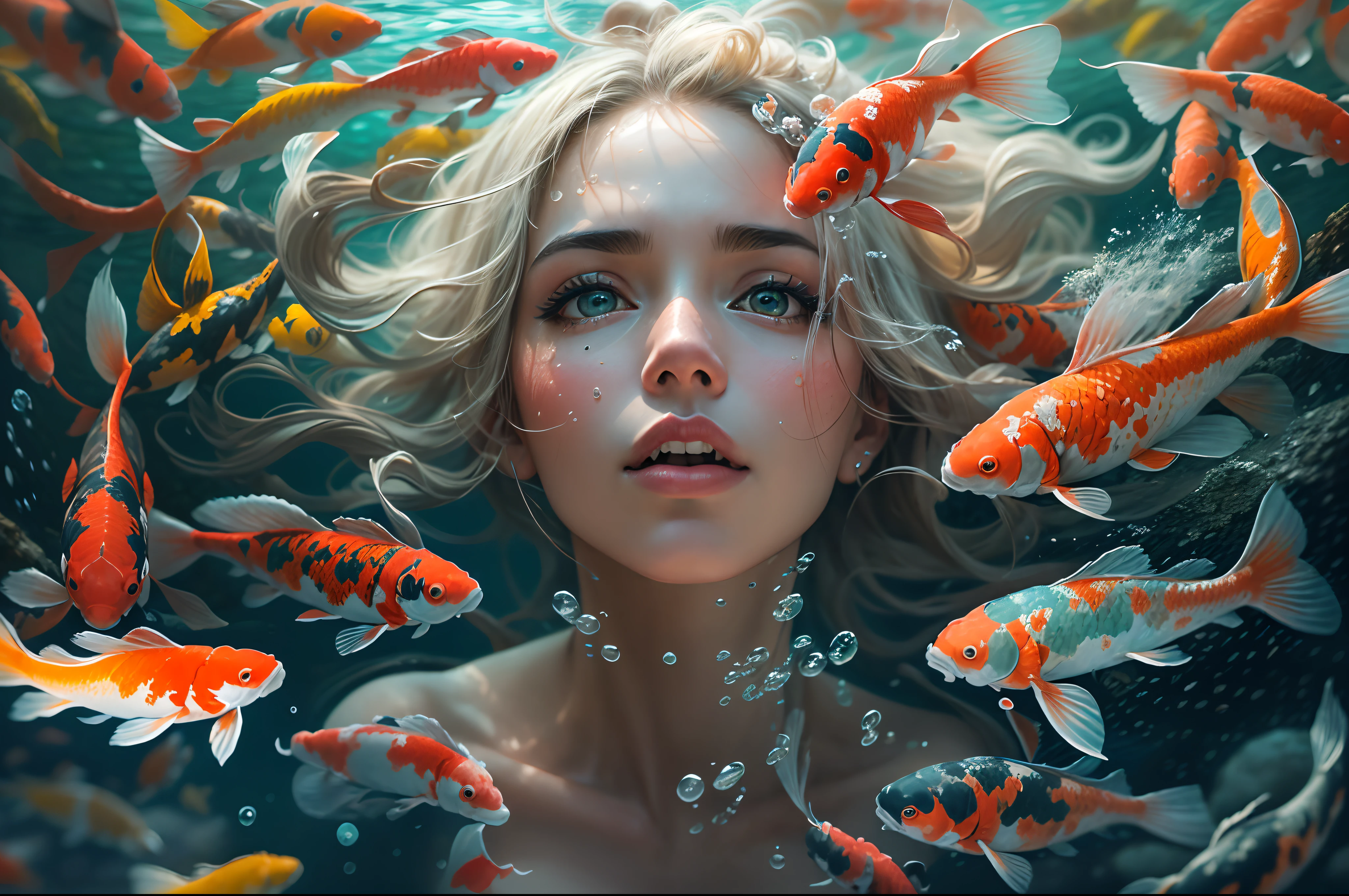 "foto cruda, mejor,Obra maestra, mejor quality, Alta calidad, extremadamente detallado,((Una hermosa mujer bucea junto a unos peces koi)), en un mundo submarino lleno de corales, sensation of life and movement of the image, The scene looks like something out of a movie., hyper realistic, maximum detail, cinematic light,"