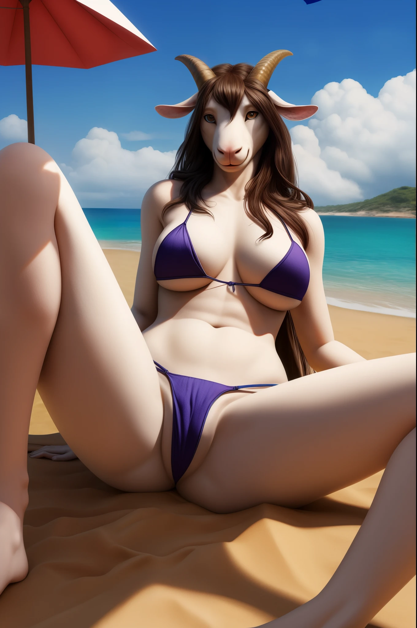 goat famale,White fur,bikini, HD, high quality textures, long hair,beach,view crotch
