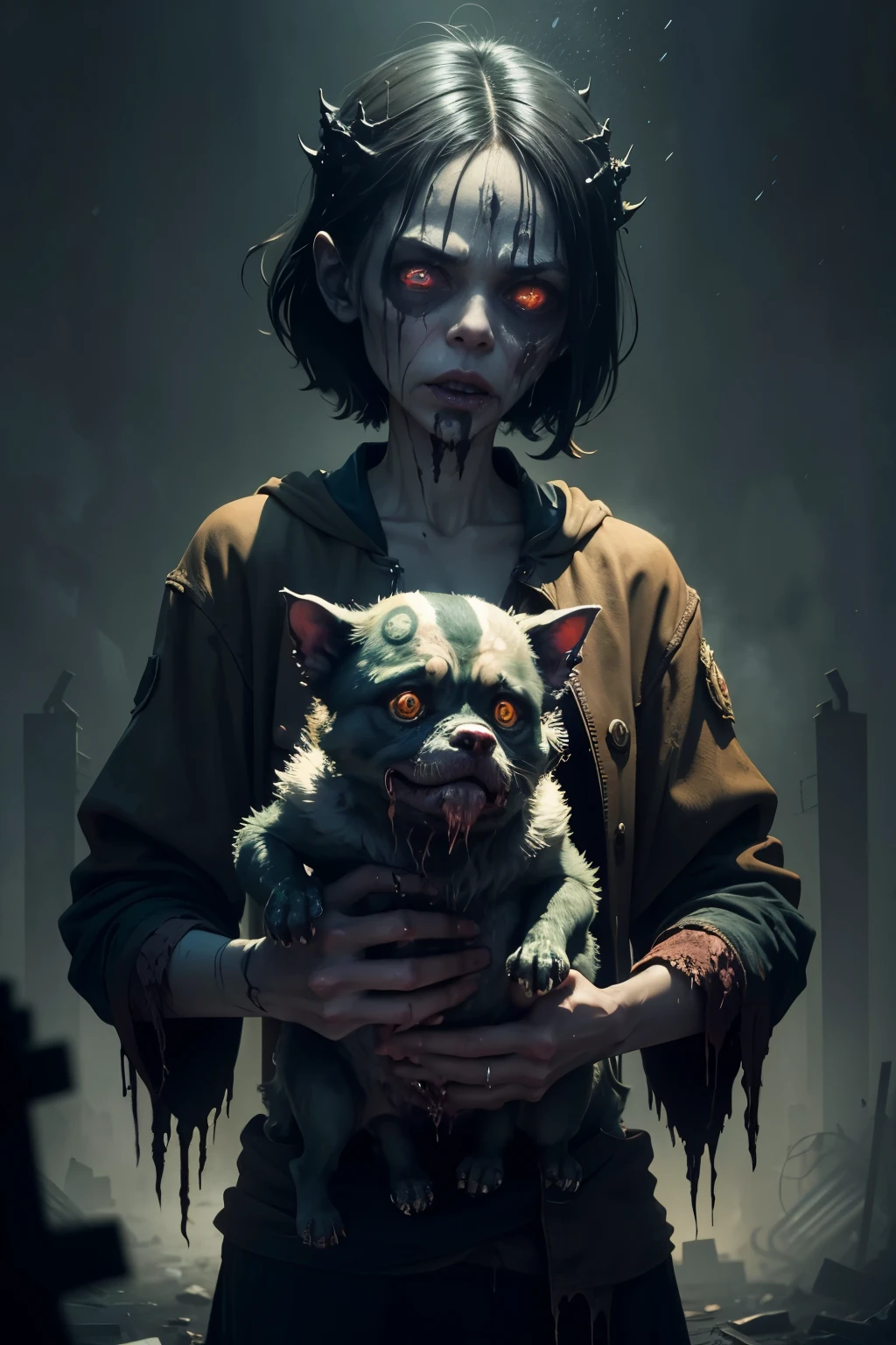 Title: "The Reawakened Lich: A Beautiful Monstrosity"
Amidst the dark and decaying background, a vivid splashscreen illuminated by the orange and cian lighting, marked the beginning of an ultra-detailed masterpiece. The image depicted a zombie, with sunken eyes and rotting flesh, holding a loyal and putridly adorable dog in its mangled hands. This grotesque yet captivating scene was reminiscent of a 2D portrait art style, inspired by Gorillaz.
Upon closer inspection, the viewer could observe the intricacies in every detail. The zombie's necrosis was rendered