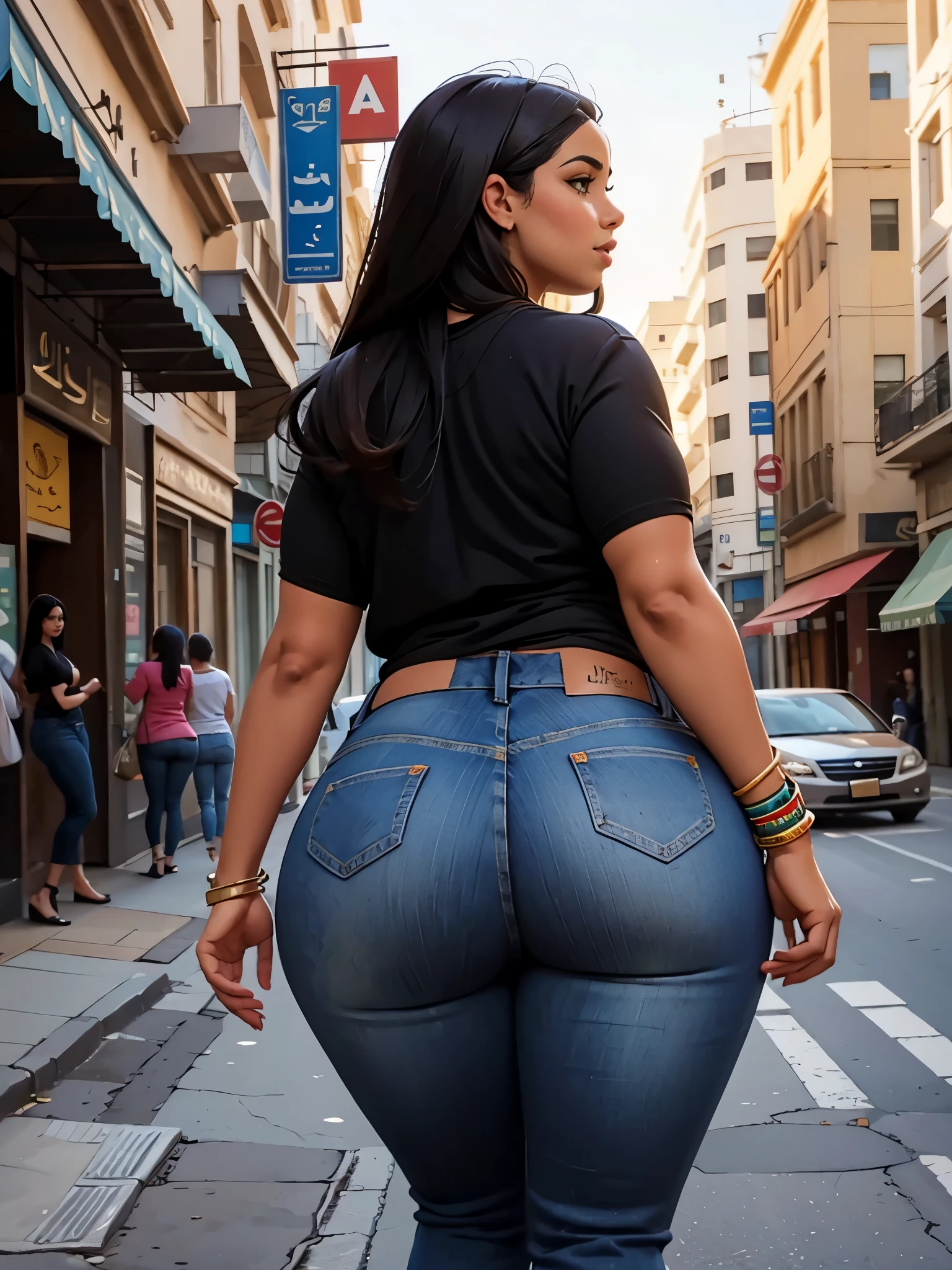 Beautiful thicc Egyptian mother in street wearing jeans. Big ass. From behind