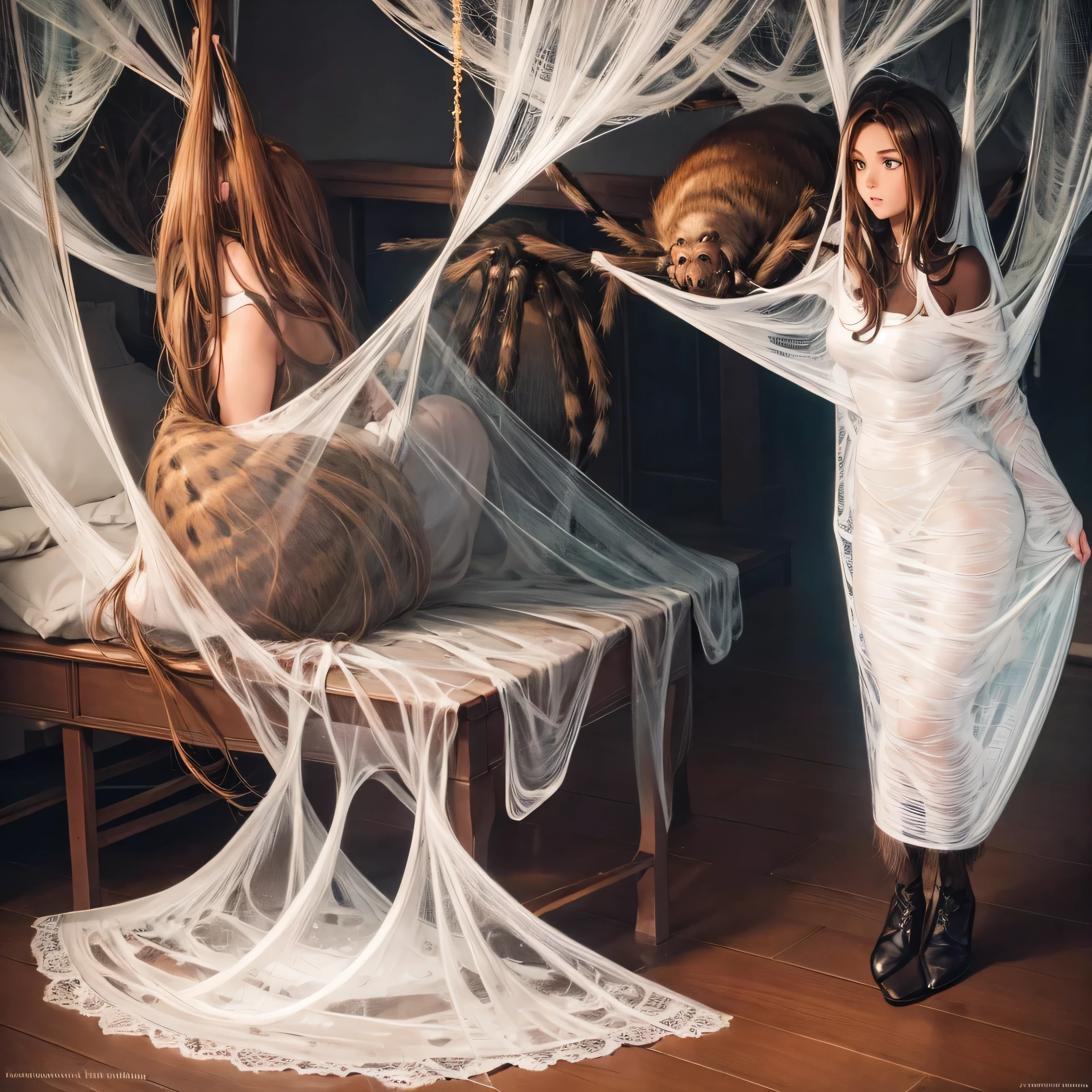 1girl,Spider weaving a net on the girl,réalism:1.2,ultra-detailed,bedroom setting,stretched pose,struggling in the net,brown haired,very long sheer skirt,oaken floor,soft sunlight,delicate spider silk,lace curtains,bedside table,decorative pillows