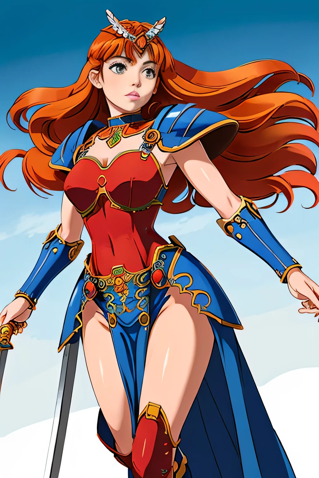 (masterpiece, highest quality:1.2),Lucia,1 girl,alone,green eyes,orange hair,very long hair,red armor dress,cowboy shot,wing tiara,((blue pelvic curtain armor)),((blue waist armor)),blue shoulder armor,(blue cuff),blue knee boots,pauldron,blue armor belt,with a sword