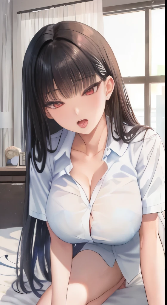 ((masterpiece、high quality、High resolution、4K, 8K, Blue archive official art)),detailed person、detailed face、detailed eyes、fine eyes、 , revealing clothes, (One white cut shirt:1.5), big breasts、beautiful thighs、big breastsの谷間、My chest seems to overflow from my shirt、mature pretty woman、transparent eyes、heavy makeup、sexy、(slender body and limbs,), angle from above、((on the bed))、(open your mouth and stick out your tongue), ((clear eyes、double eyelid、red eyes、long black hair、big breasts))、((character Tsukatsuki Rio - Blue Archive))、crawl on all fours、pov 、((Composition looking up from below))、ぶら下がるbig breastsがシャツから見える