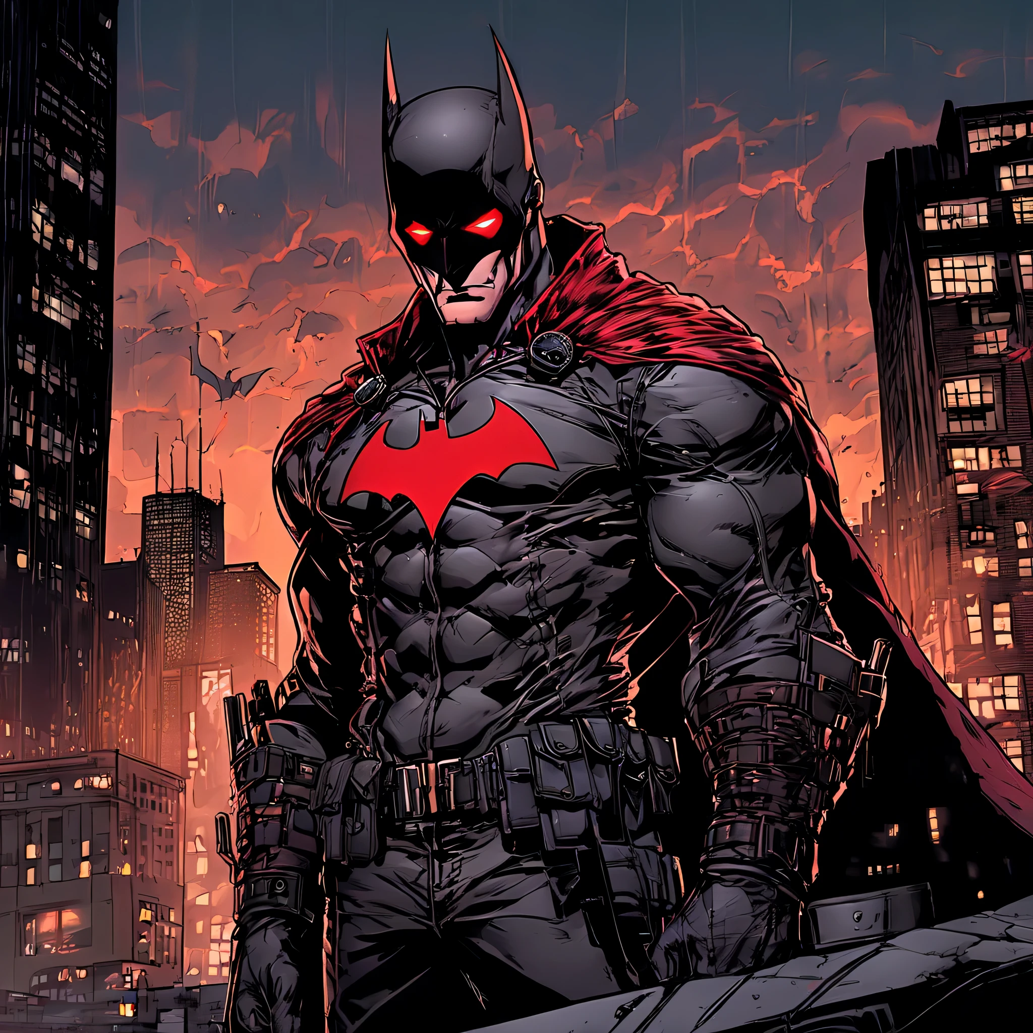 (rua:sunset) reflected in his sculpted abs. [Jason Todd] intimidating physique is enhanced by the vibrant colors of his [capuz:vermelho] e the [cidade:Cidade de Gotham] pano de fundo. o [muscles:detalhado] e [Peito:poderful] depict his sheer strength e determination. Enquanto seu [olhos:Afiado] e [olhar intenso] reveals his unwavering focus on justice. Jason Todd exudes a sense of [poder:Domain] as he stes tall in the midst of Gotham's darkness, pronto para proteger os inocentes. [luzes da rua] cast a warm glow, destacando os detalhes intrincados de sua [jaqueta de couro], which is adorned with [bat symbol:orgulhosamente]. o atmosphere is filled with a mix of [mystery] e [threat], mirroring the hero&#39;s complex nature. o scene is [colorida] Ainda [corajoso], capturing the essence of Gotham's urban lescape. o [sunset] sky adds a touch of warmth, contrasting with the shadows that appear behind him. Jason Todd presence in this scene commes attention, convidando-nos a testemunhar o seu caminho como o [capuz vermelho].