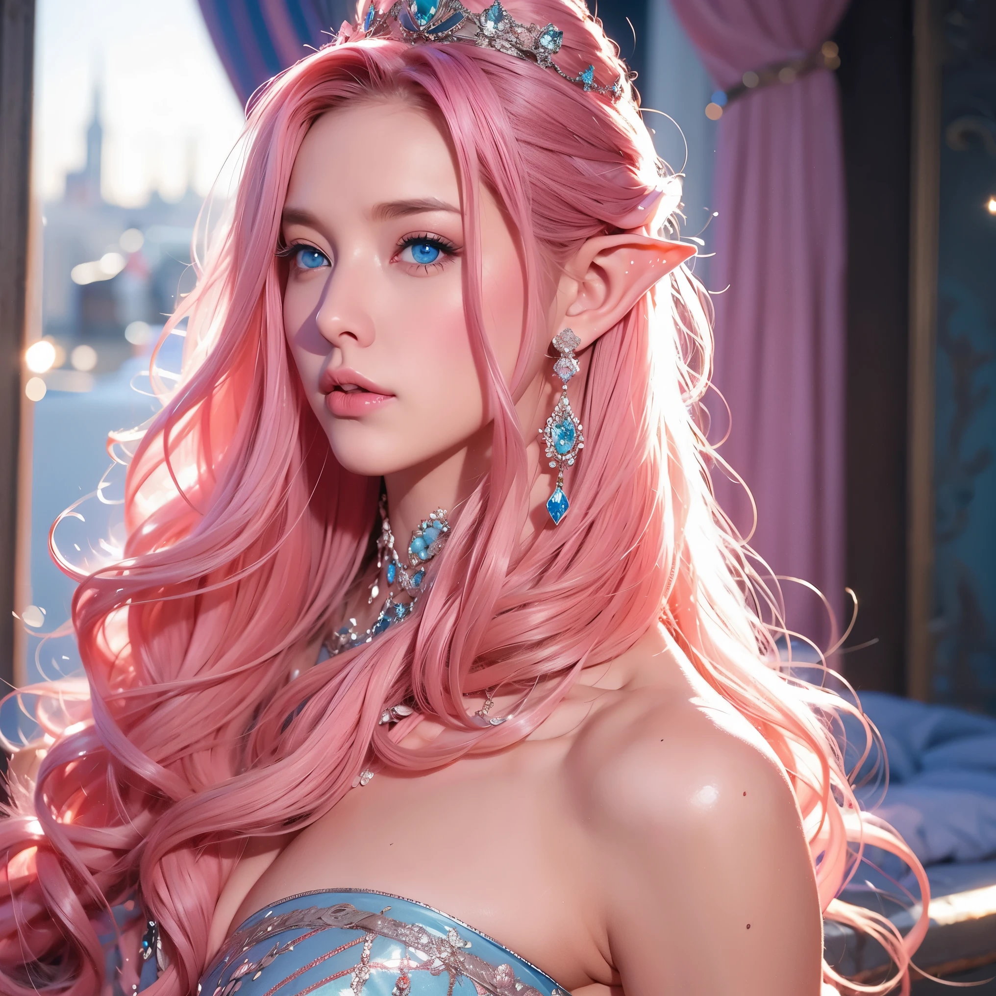 Woman, long curly hair, pink hair, blue eyes, elf, sexy, elegant, crown, queen, elf, 