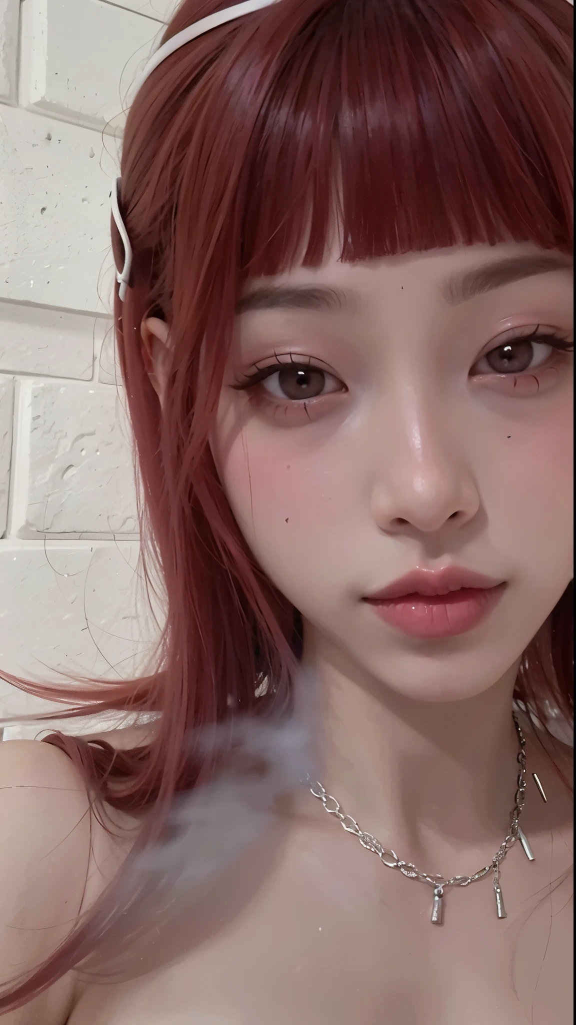 hay una mujer pelirroja fumando un cigarrillo, con neblina roja, humo pigmentado espeso, vibraciones de anime, ulzzang, small lips pointed nose, con humo, cruel korean gothic girl, 19 year old girl, chiho, 🤤 girl portrait, and - girl, e-chica, with small nose, humo punk