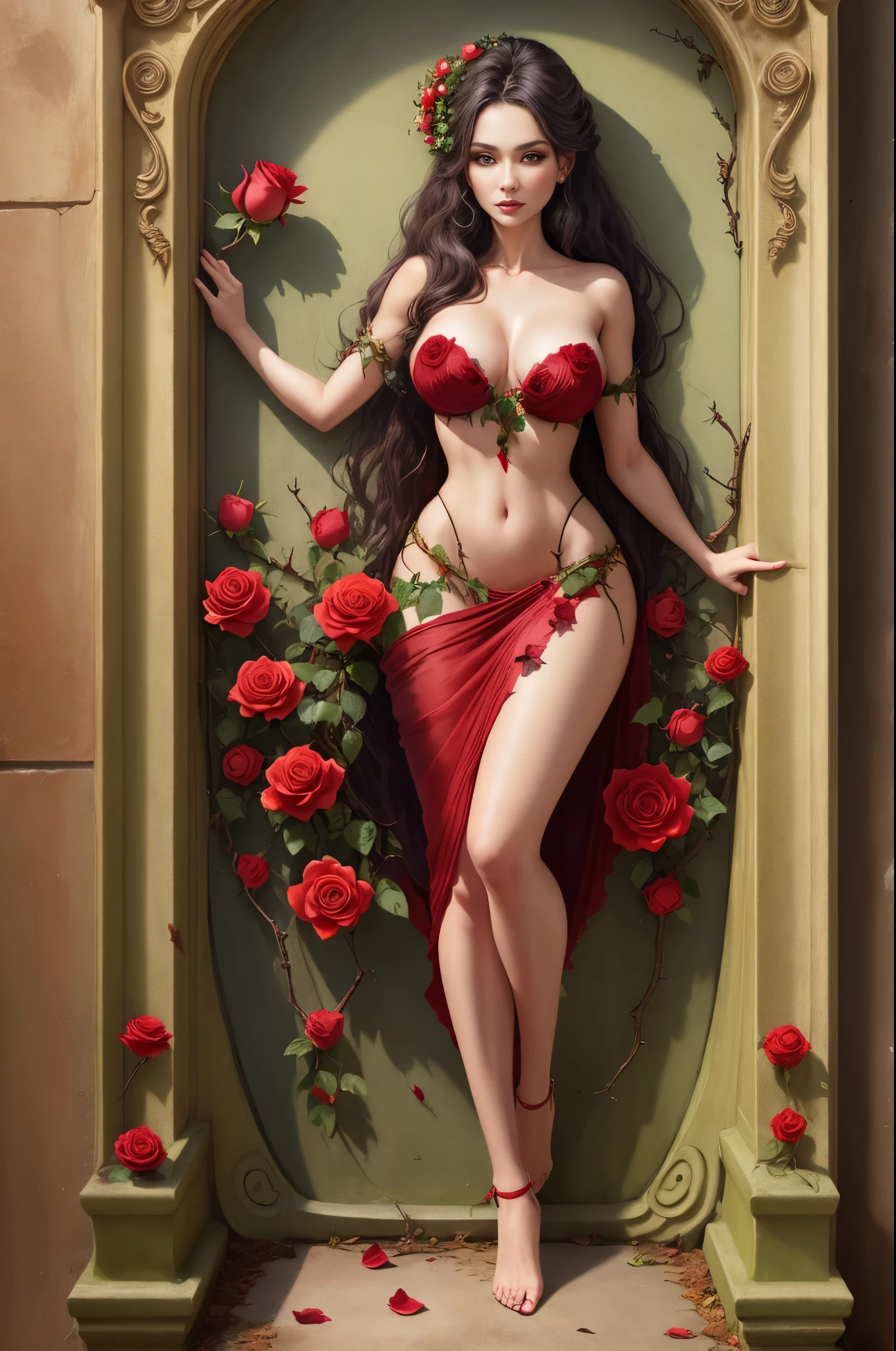 Roses, thorns, dryad, full-body shot, gorgeous woman