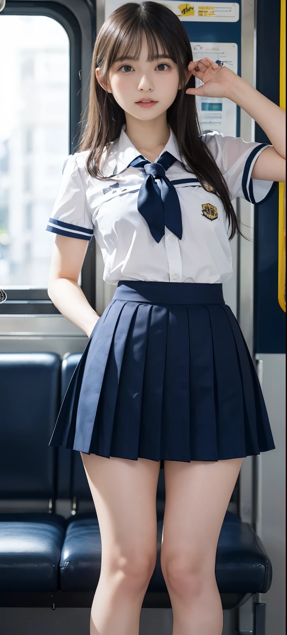 (masterpiece, highest quality:1.2), 8k, years, 85mm, official art, RAW photo, スーパースリムなスレンダーbeautiful girl, (When I lift up my short navy blue skirt、full nude下Half body, I can see your crotch.:1.8)、(胸元まで下ろしたshort sleeveの白シャツから見える美乳.:1.8)、show me your ears、naked girl photoshoot、full nude, cute face, close, Half body, Biolace, gardenia, beautiful girl, school uniform, (navy pleated skirt:1.1), tighten your waist, thighs, short sleeve, on the train, sit on a bench seat, looking at the viewer, no makeup, (smile:0.4), film grain, chromatic aberration, sharp focus, face light, clear lighting, Ten generations, detailed face, background bokeh, (dark red tie:1.1)、((((((two girls))))))、((((((2人のfull nude女子高生)))))