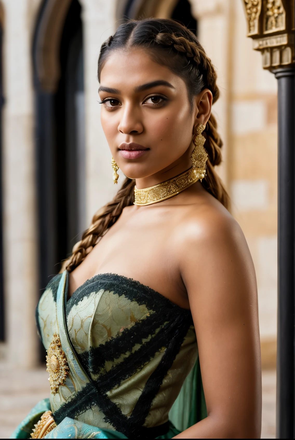 Foto RAW, close up portrait of a 40 year-old gorgeous confident blasian dark-skinned medieval fantasy queen, extremely gorgeous, looks like Kriti Sanon,  almond-shaped eyes, plump lips, gorgeous hazel-colored eyes, long hair, dutch braids, elaborate hairdo, serious look, steadfast expression, slim, rich regal traditional fantasy north african regal clothes, filigree jewels, in a fantasy north african palace, (backlighting), realistic, masterpiece, highest quality, lens flare, shade, bloom, [[chromatic aberration]], by Jeremy Lipking, by Antonio J. Manzanedo, digital painting, (pele altamente detalhada: 1.2), 8k UHD, DSLR, alta qualidade, grain of film, Fujifilm XT3