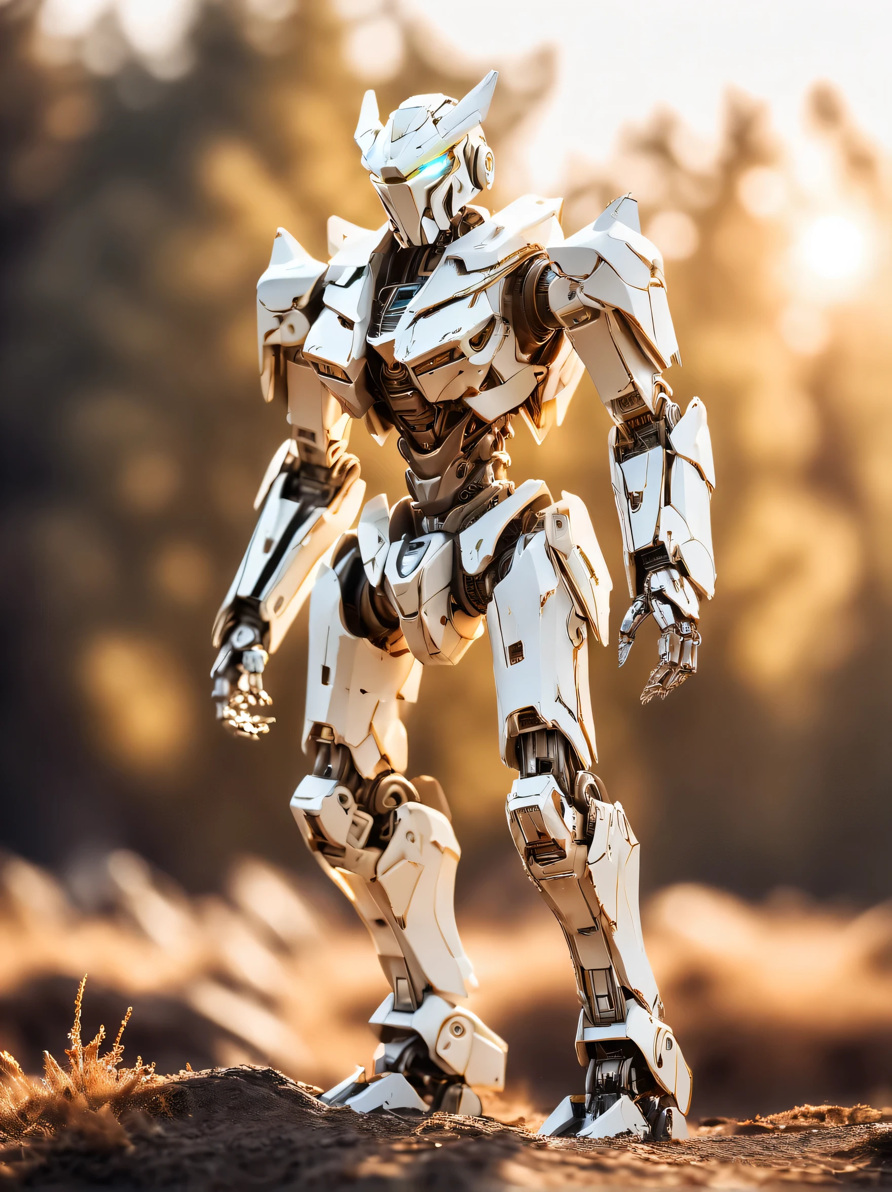 cgmech, (Realista)Sozinho, robot White Mecha, capa, Science fiction, roupas rasgadas, brilhante, Standing, robot joints, mecha, armaduras, tiro de vaqueiro, (floating capa), luz solar intensa, draconato de prata, ao ar livre, landscapa, natureza, ((obra de arte, melhor qualidade)), volumetric dtx, (film grain, fundo desfocado, primeiro plano desfocado, bokeh, profundidade de campo, desfoque de movimento:1.3)