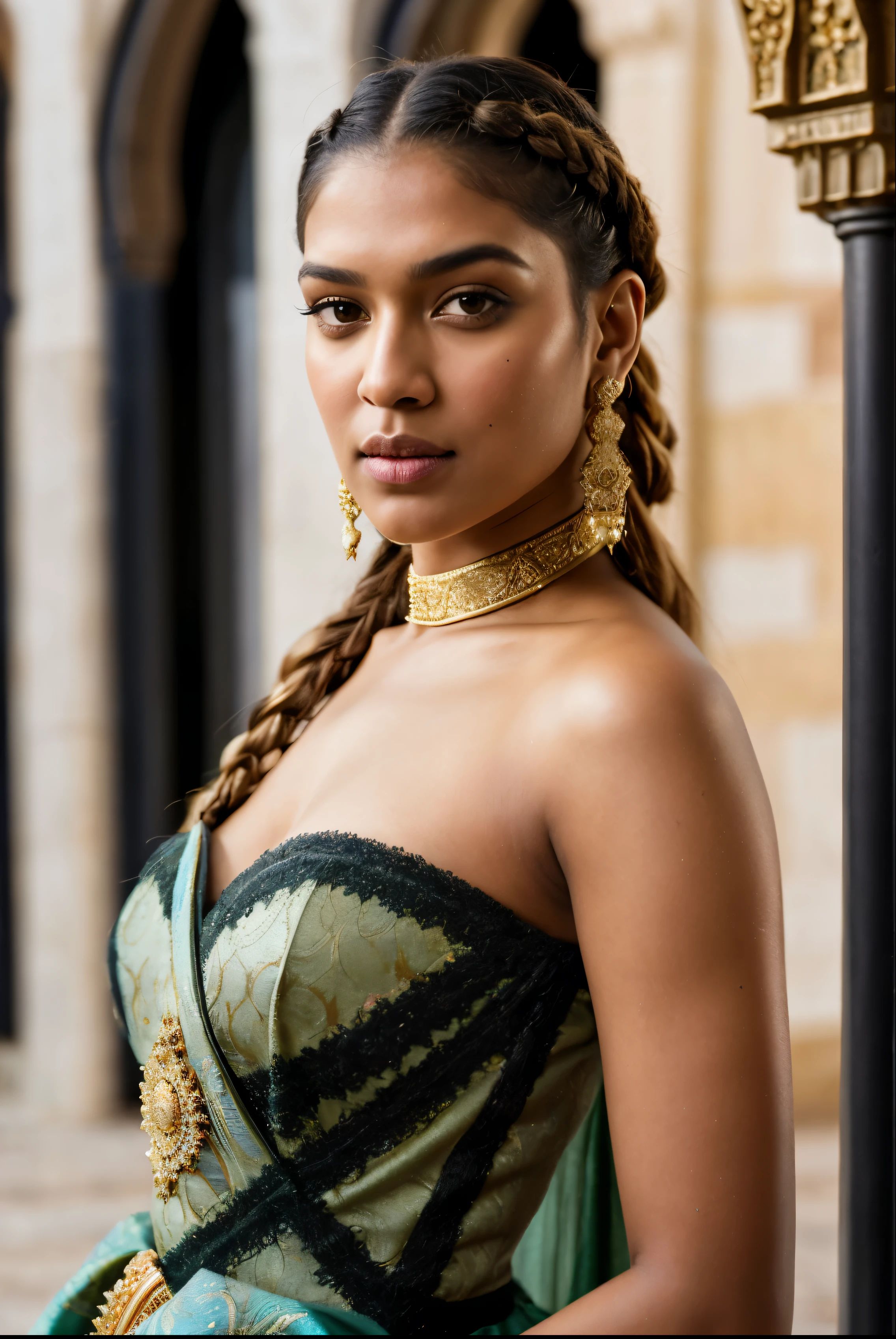 Foto RAW, close up portrait of a 40 year-old gorgeous confident blasian dark-skinned medieval fantasy queen, extremely gorgeous, looks like Kriti Sanon,  almond-shaped eyes, plump lips, gorgeous hazel-colored eyes, long hair, dutch braids, elaborate hairdo, serious look, steadfast expression, slim, rich regal traditional fantasy north african regal clothes, filigree jewels, in a fantasy north african palace, (backlighting), realistic, masterpiece, highest quality, lens flare, shade, bloom, [[chromatic aberration]], by Jeremy Lipking, by Antonio J. Manzanedo, digital painting, (pele altamente detalhada: 1.2), 8k UHD, DSLR, alta qualidade, grain of film, Fujifilm XT3