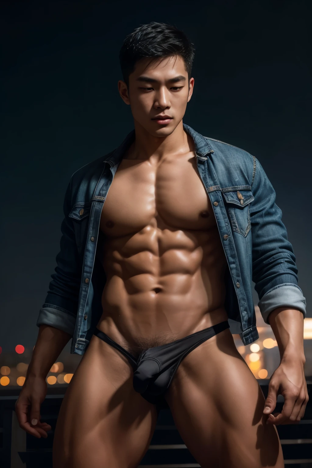 (8K, RAW photo, Highest quality),Realistic,1 Asian man,frontage，Intricate details,Closed mouth,Extremely detailed eyes and eyelashes，Delicate headgear，Muscular male,Manly,looks away,Male focus,Solo, wearing a jean jacket，button opened, Exposing the pectoral muscleposing a black thong panties，No shoe full bodyesbian,Night sky,Soft lighting,Cinematic lighting,Portrait,Close-up,Lovingly（（The crotch is raised））