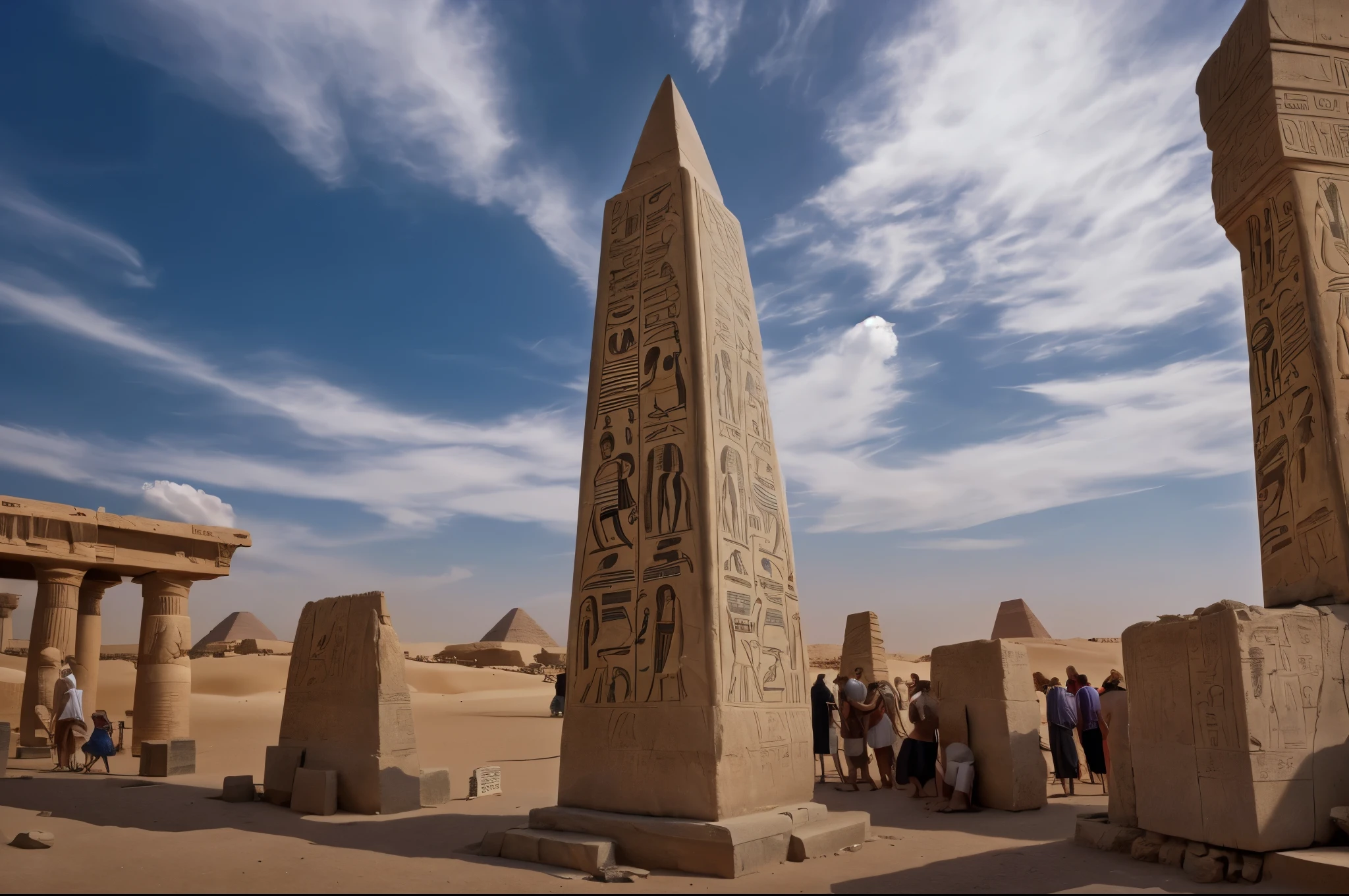 An obelisk in an ancient egyptian square, 3000 BC, egypt, scorching sun, tents, history, very high detail, 4k 