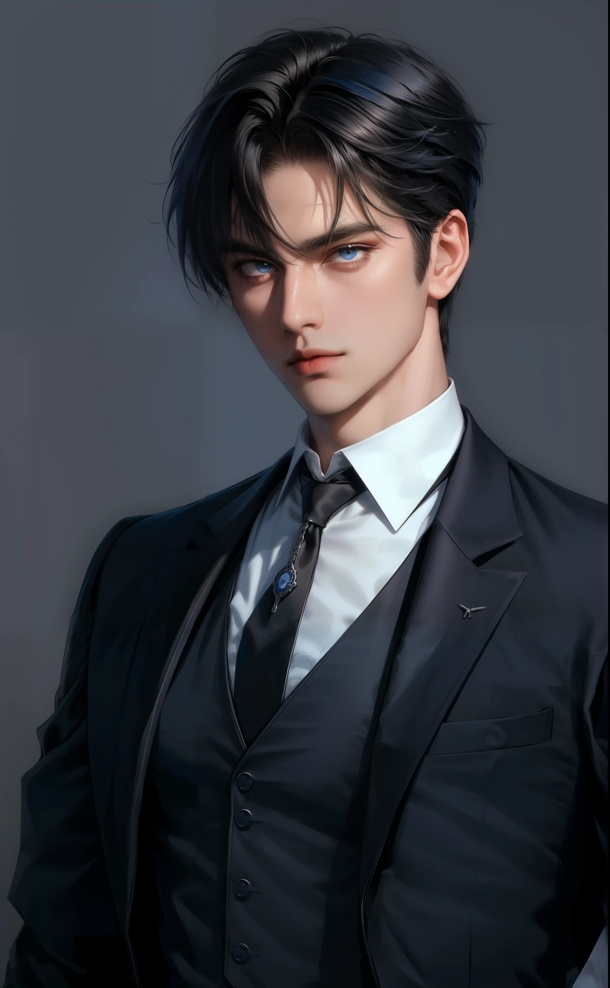 (masterpiece,best quality,ultra_detailed,highres,absurdres),1 mature male, 30-ish, (wide shoulder), (muscular), male focus, solo, short black Quiff hair with Soft Fringe (bangs part on side 3:7 ratio), chain, shirt, black necktie, necktie, simple background, blue eyes, upper body, vest, short hair, looking at viewer, no smile face, parted lips, collared shirt, round eyewear, long sleeves, hand on own shoulder, black shirt, blue background, white vest, monocle, jewelry.