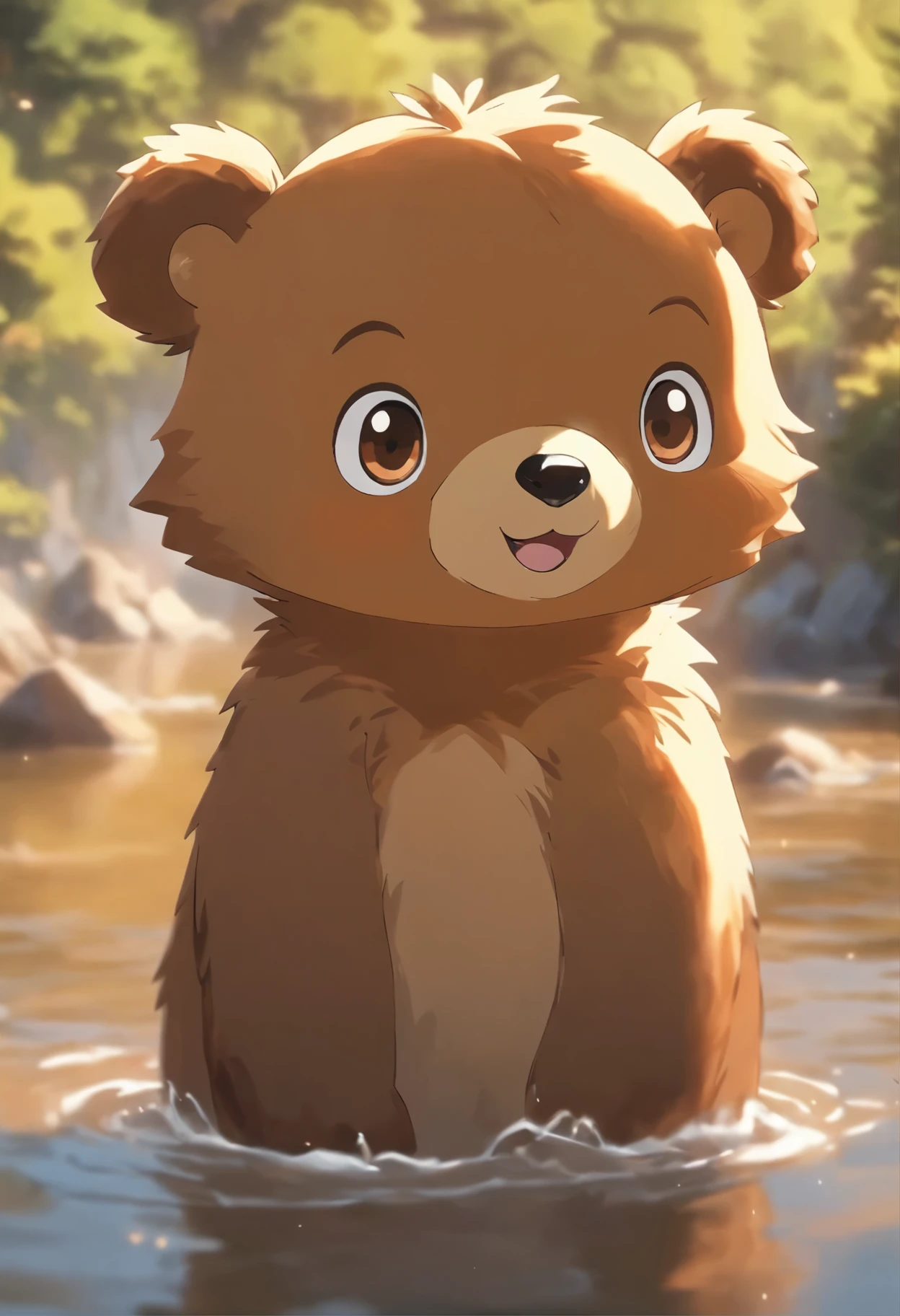 A cute bear stand on river,has big eyes,Blushlush,Lazy,greet,high detal