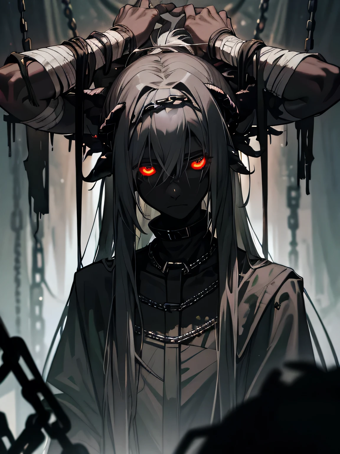 (((dark meat biopunk art))), demon girl, ((black skin)), dark black skin, black skin, (ash skin), very long gray hair, ((chains and sickles)), (many pale bandages), cold lights, highly detailed art, extremely detailed background