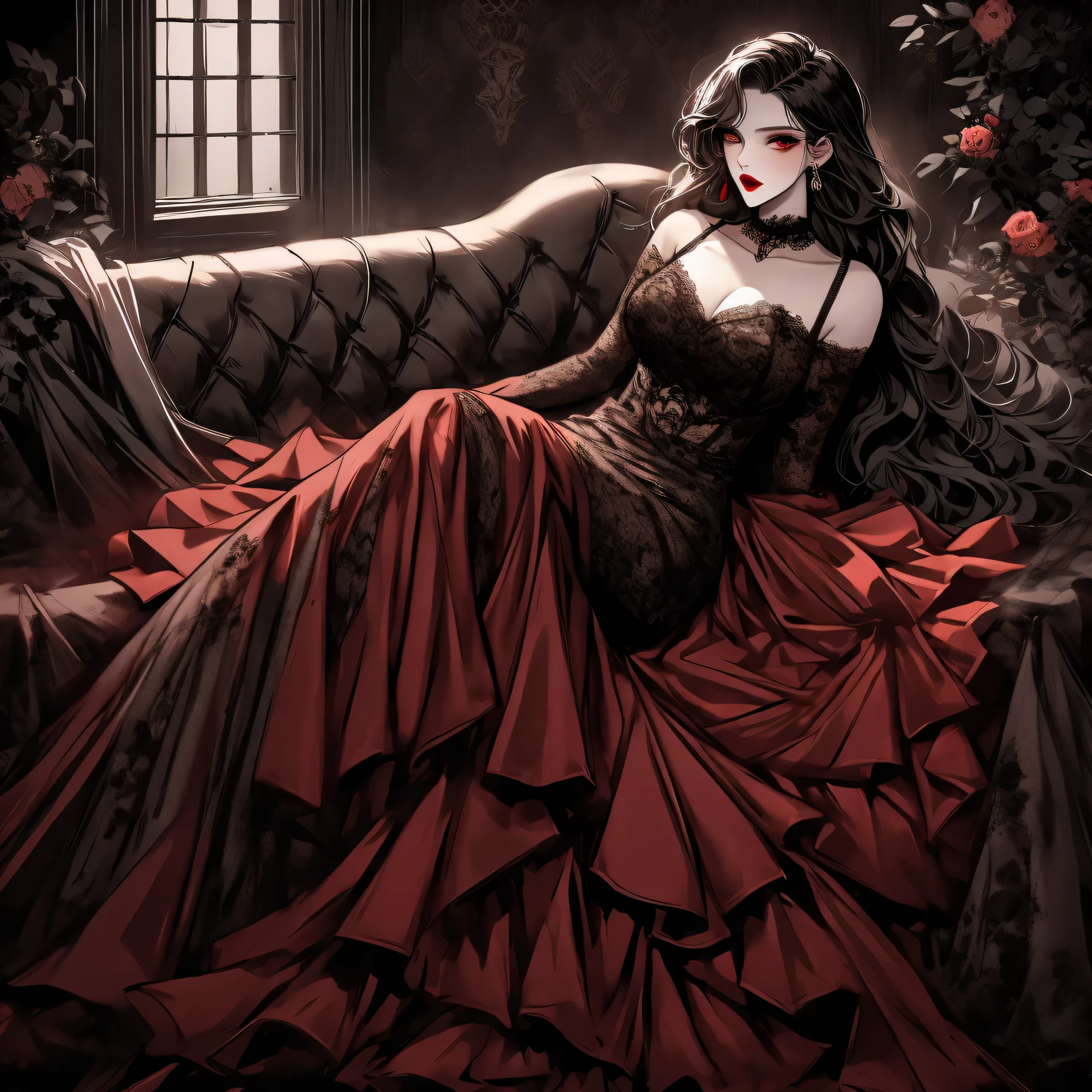 a vampire captured by a girl,leather, fierce expression, seductive gaze, dark lipstick, pale skin, high heels, choker, gothic atmosphere, intense eyes, dramatic lighting, seductive pose, black lace, dominance, power dynamics, provocative, mysterious, alluring, evening gown, long nails, confident posture, red lips, lying down, (cocoon:1.0), sexy pose