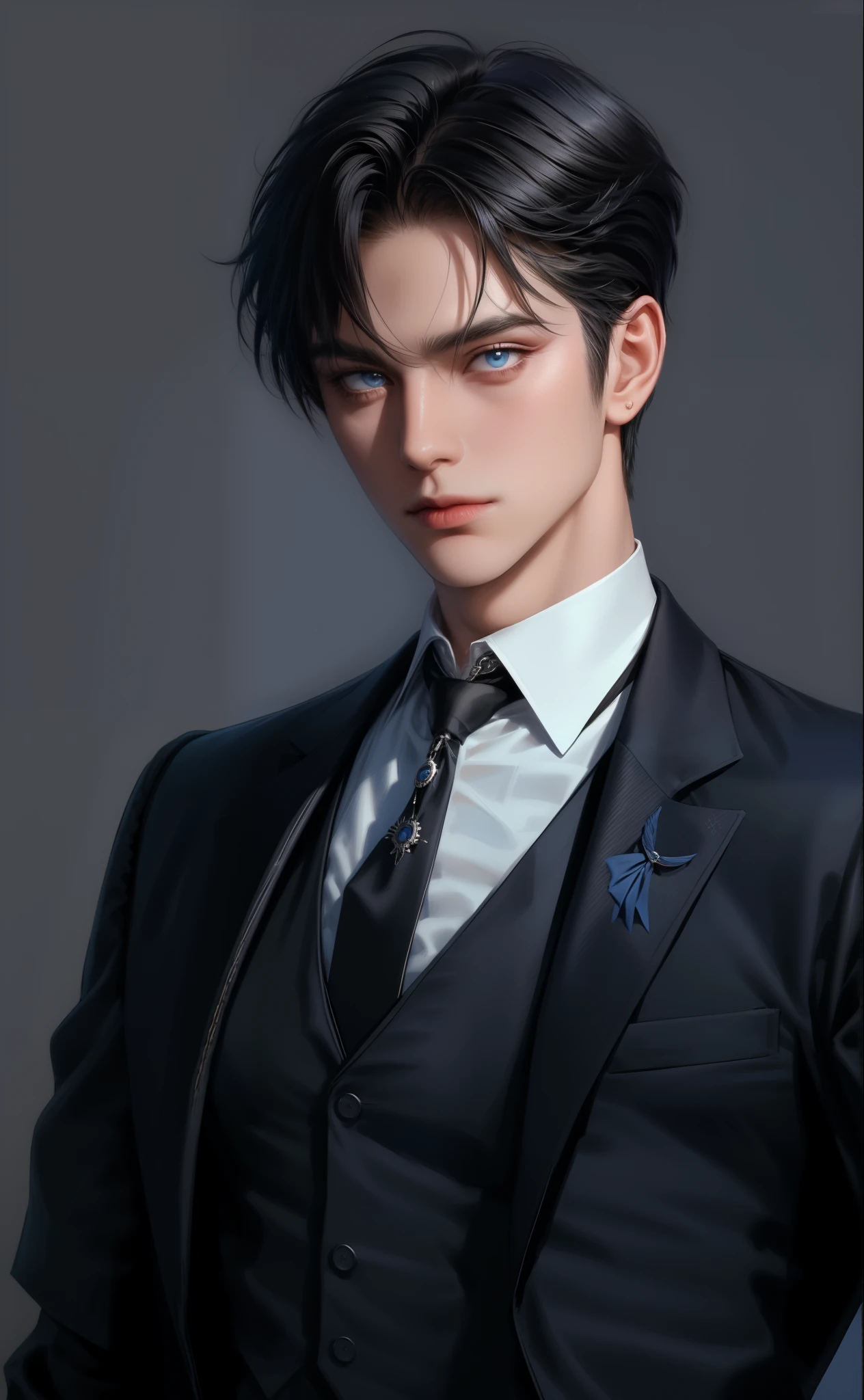 (masterpiece,best quality,ultra_detailed,highres,absurdres),1 mature male, 30-ish, (wide shoulder), (muscular), male focus, solo, short black Quiff hair with Soft Fringe (bangs part on side 3:7 ratio), chain, shirt, black necktie, necktie, simple background, blue eyes, upper body, vest, short hair, looking at viewer, no smile face, parted lips, collared shirt, round eyewear, long sleeves, hand on own shoulder, black shirt, blue background, white vest, monocle, jewelry.